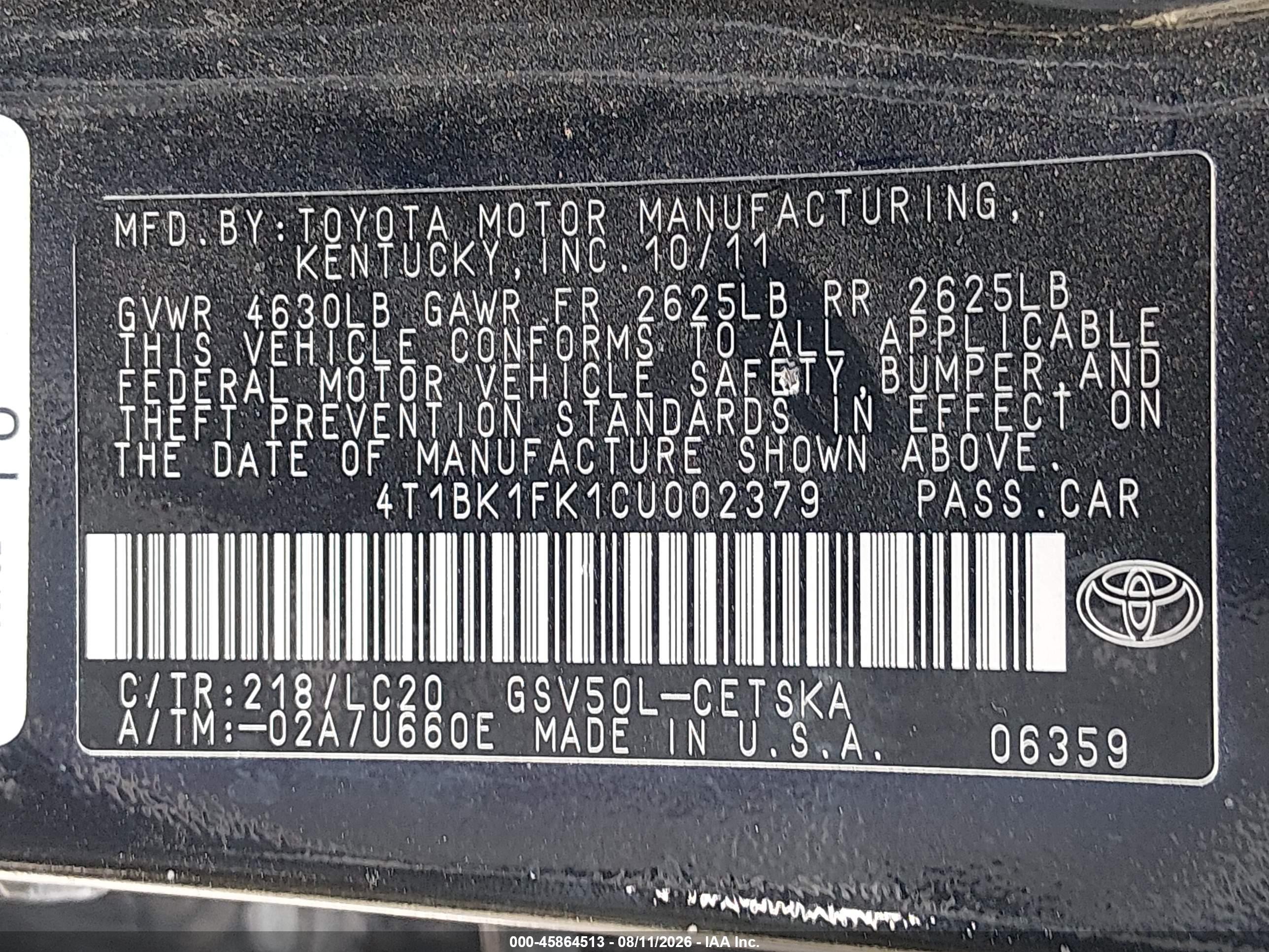 2012 Toyota Camry Se V6 Черный vin: 4T1BK1FK1CU002379