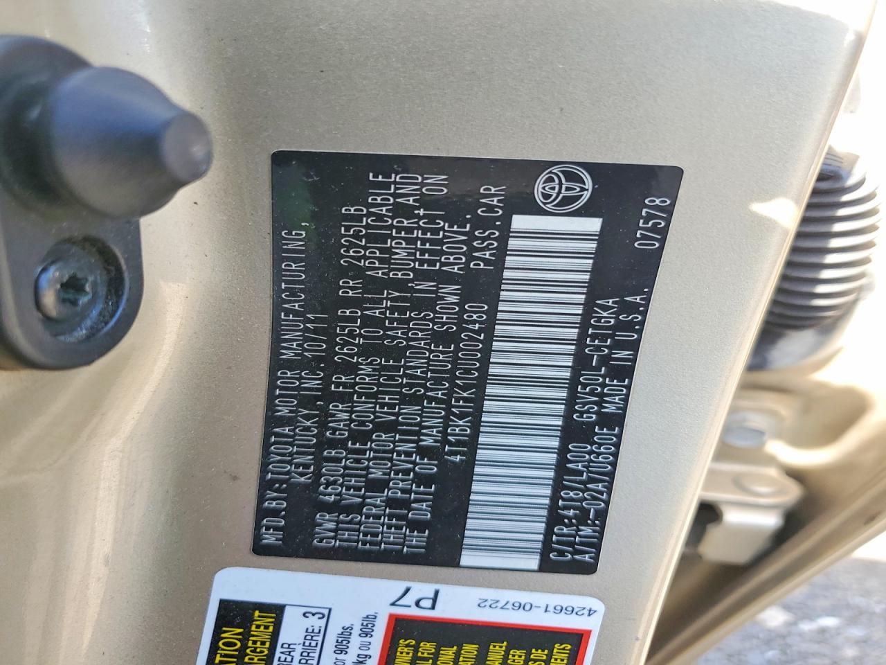 2012 Toyota Camry Xle V6 Beige vin: 4T1BK1FK1CU002480