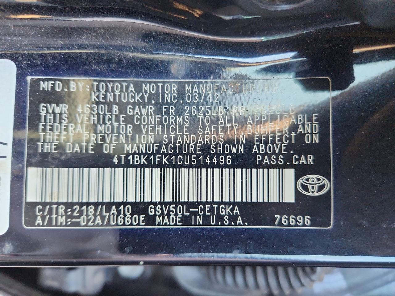 2012 Toyota Camry Xle V6 Черный vin: 4T1BK1FK1CU514496