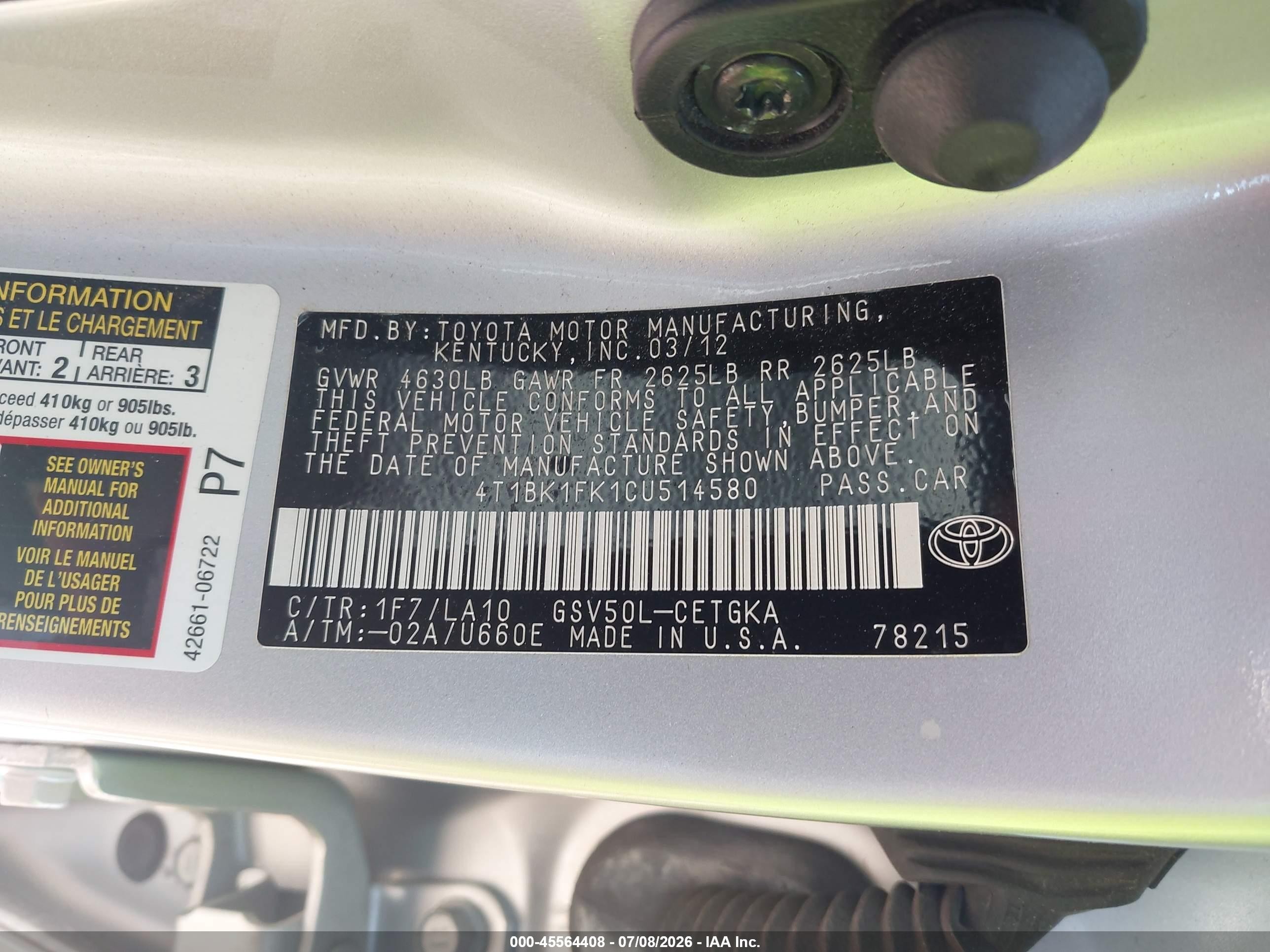 2012 Toyota Camry Xle V6 Silver vin: 4T1BK1FK1CU514580