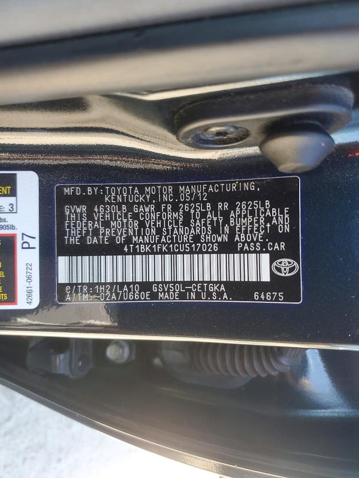 2012 Toyota Camry Xle V6 Black vin: 4T1BK1FK1CU517026