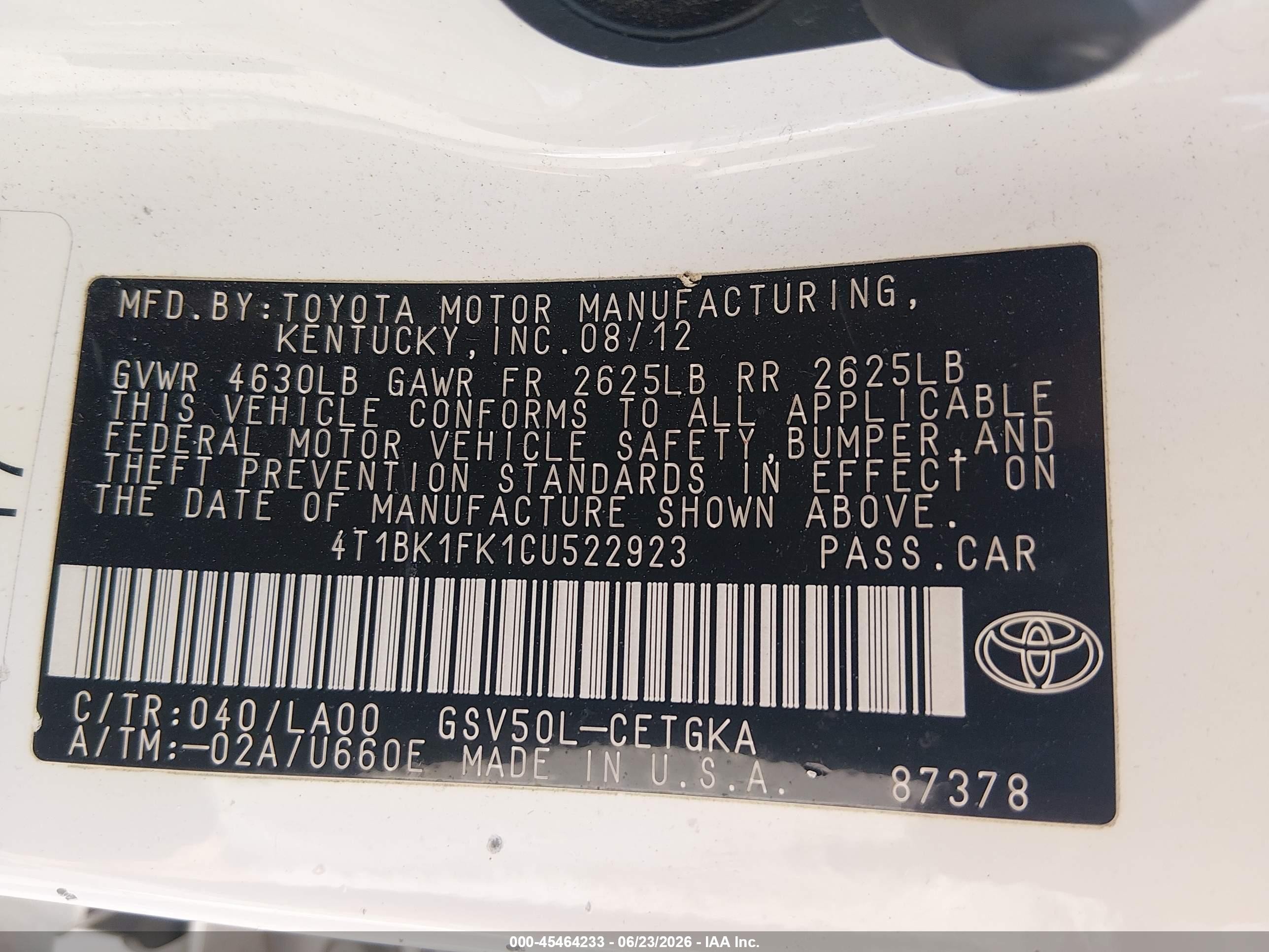 2012 Toyota Camry Xle V6 White vin: 4T1BK1FK1CU522923