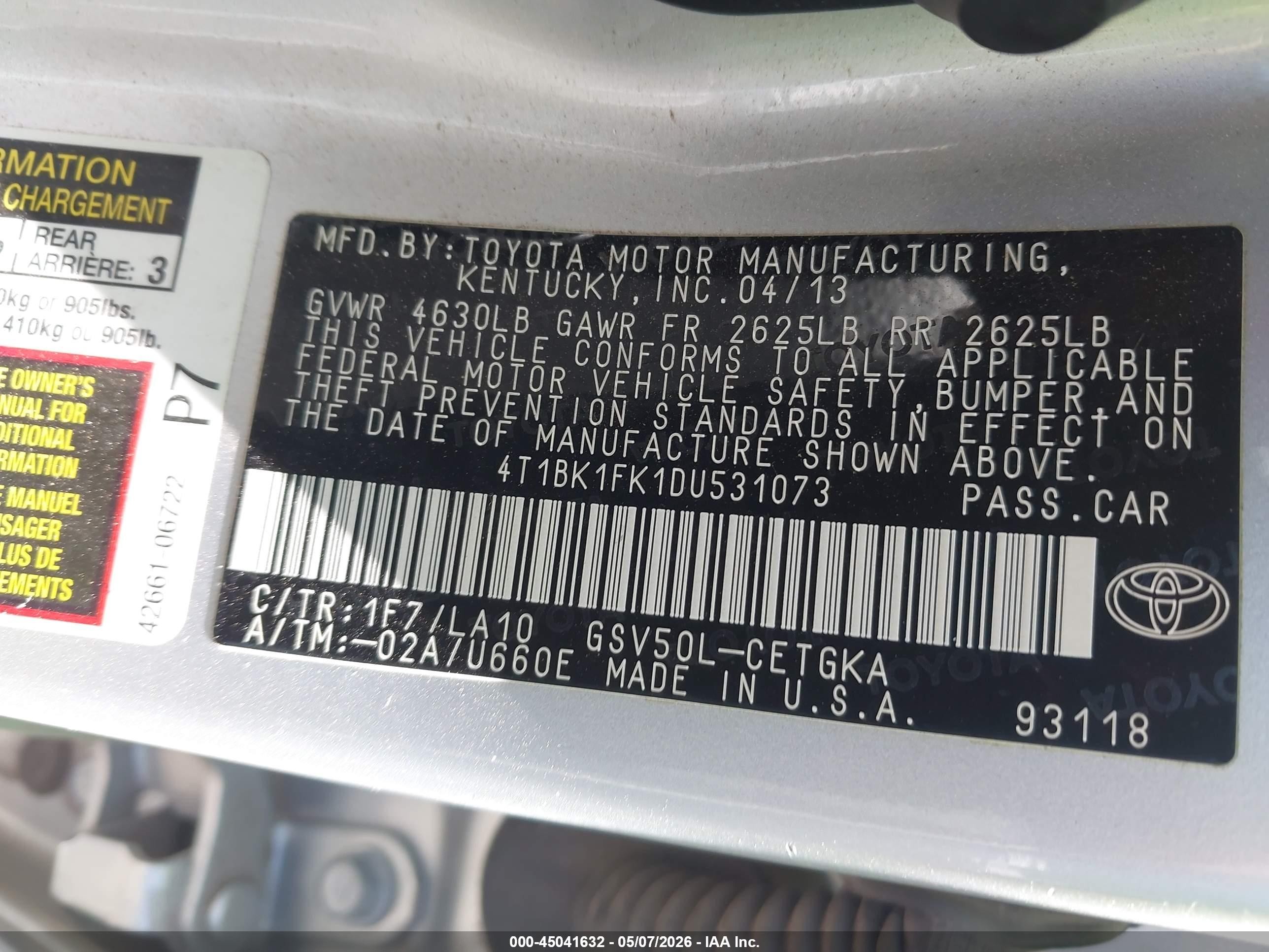 2013 Toyota Camry Xle V6 Серебряный vin: 4T1BK1FK1DU531073