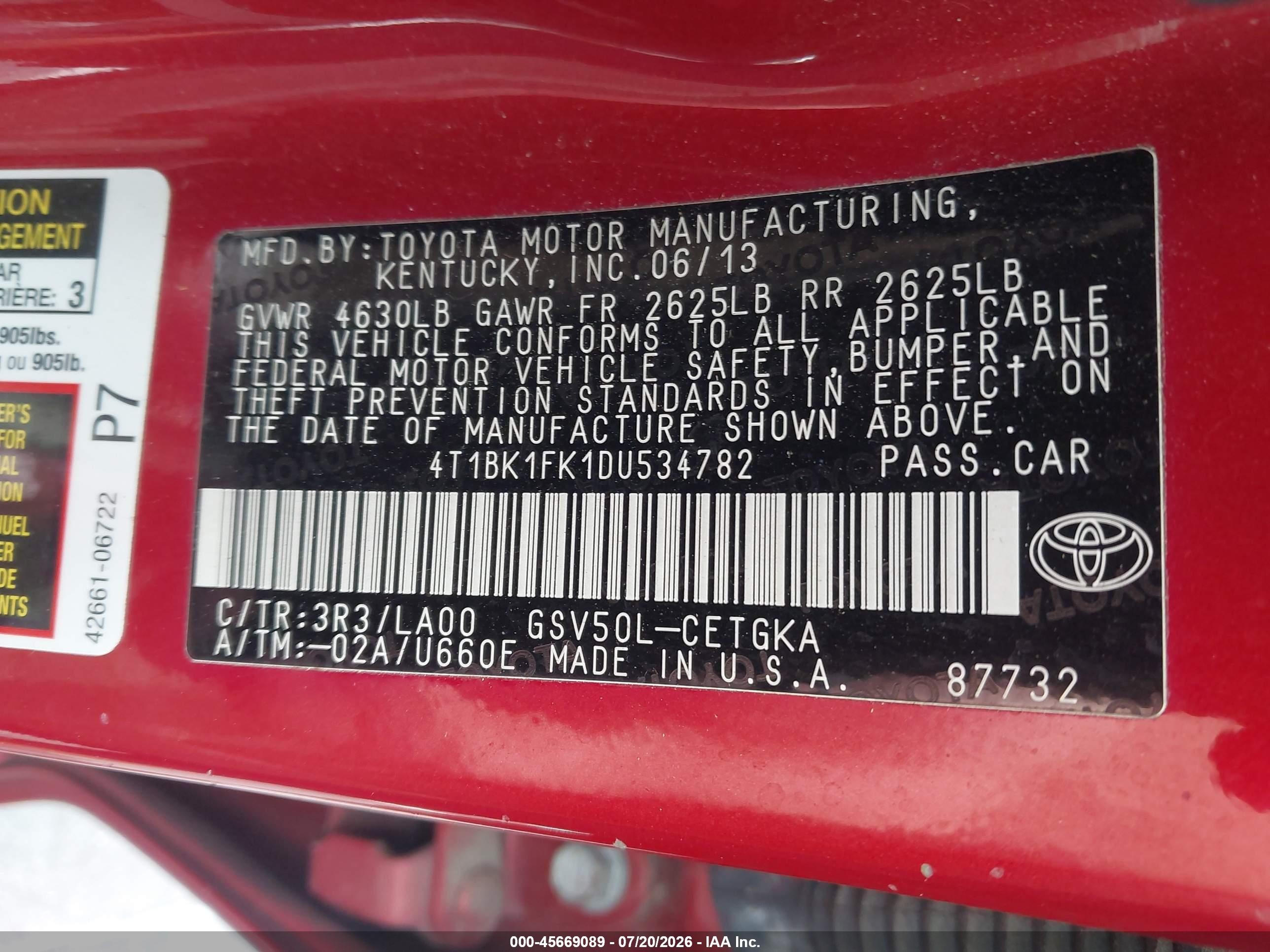 2013 Toyota Camry Xle V6 Red vin: 4T1BK1FK1DU534782