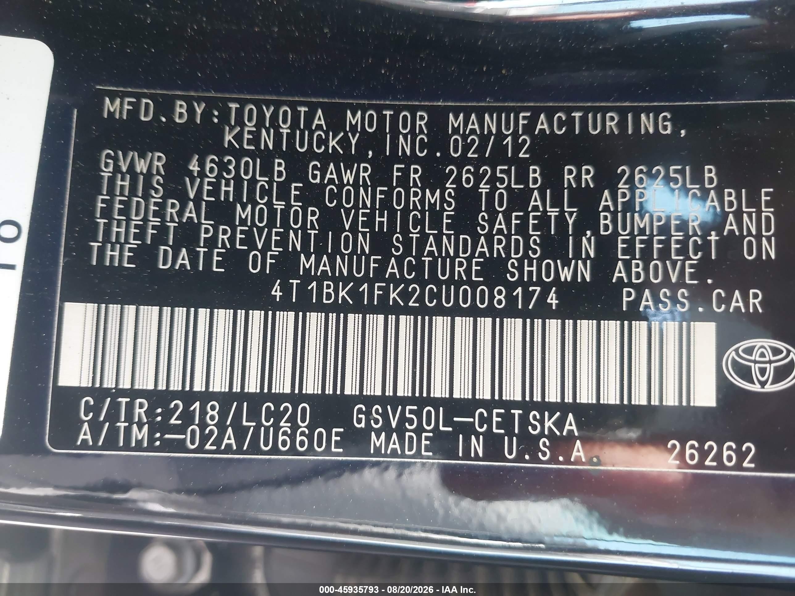 2012 Toyota Camry Se V6 Black vin: 4T1BK1FK2CU008174