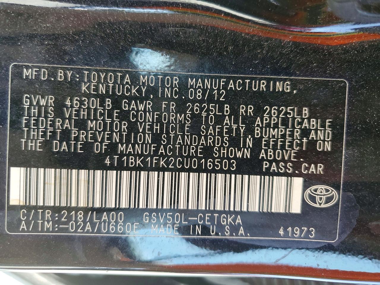 2012 Toyota Camry Xle V6 Black vin: 4T1BK1FK2CU016503