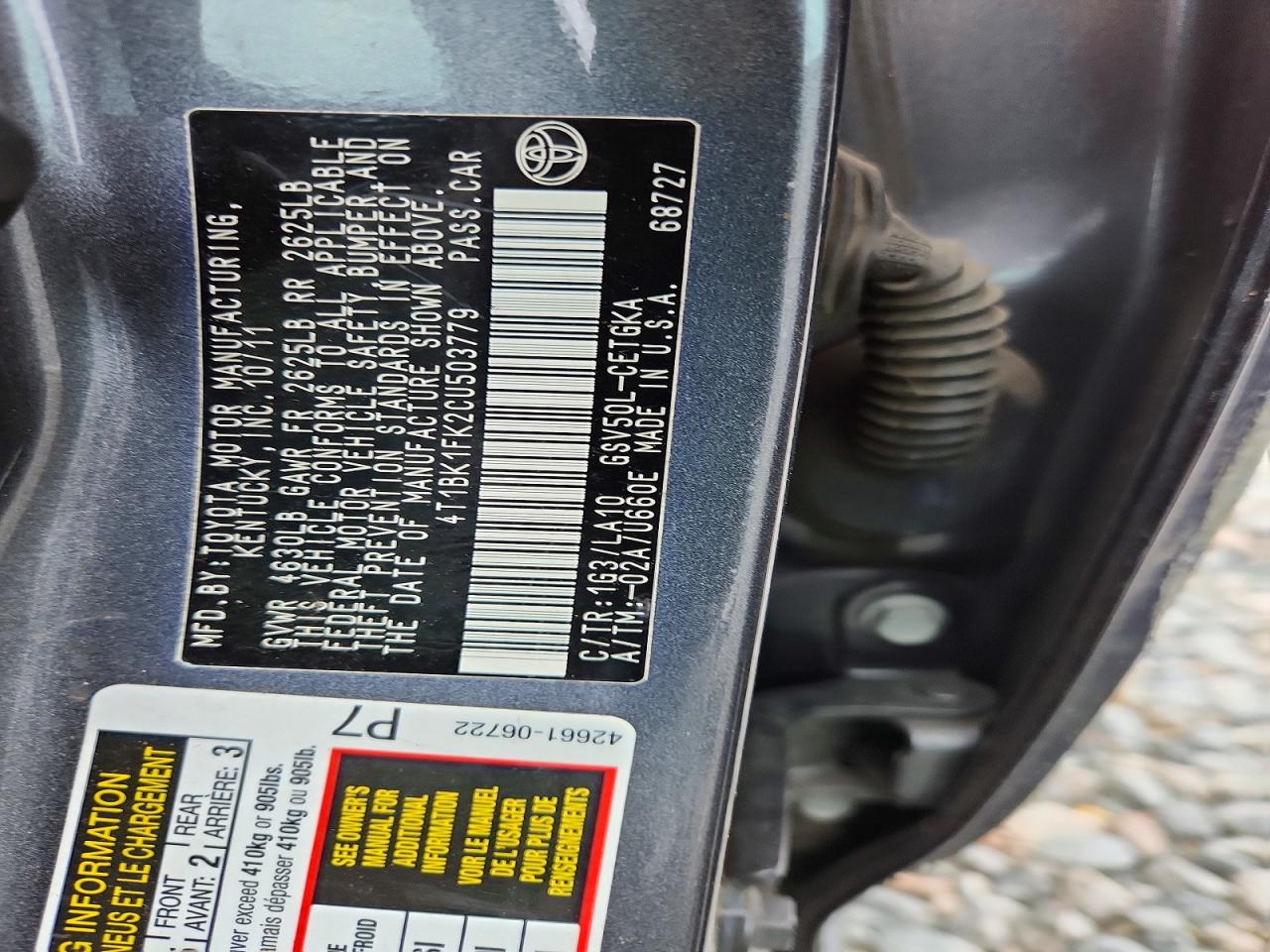 2012 Toyota Camry Xle V6 Серый vin: 4T1BK1FK2CU503779