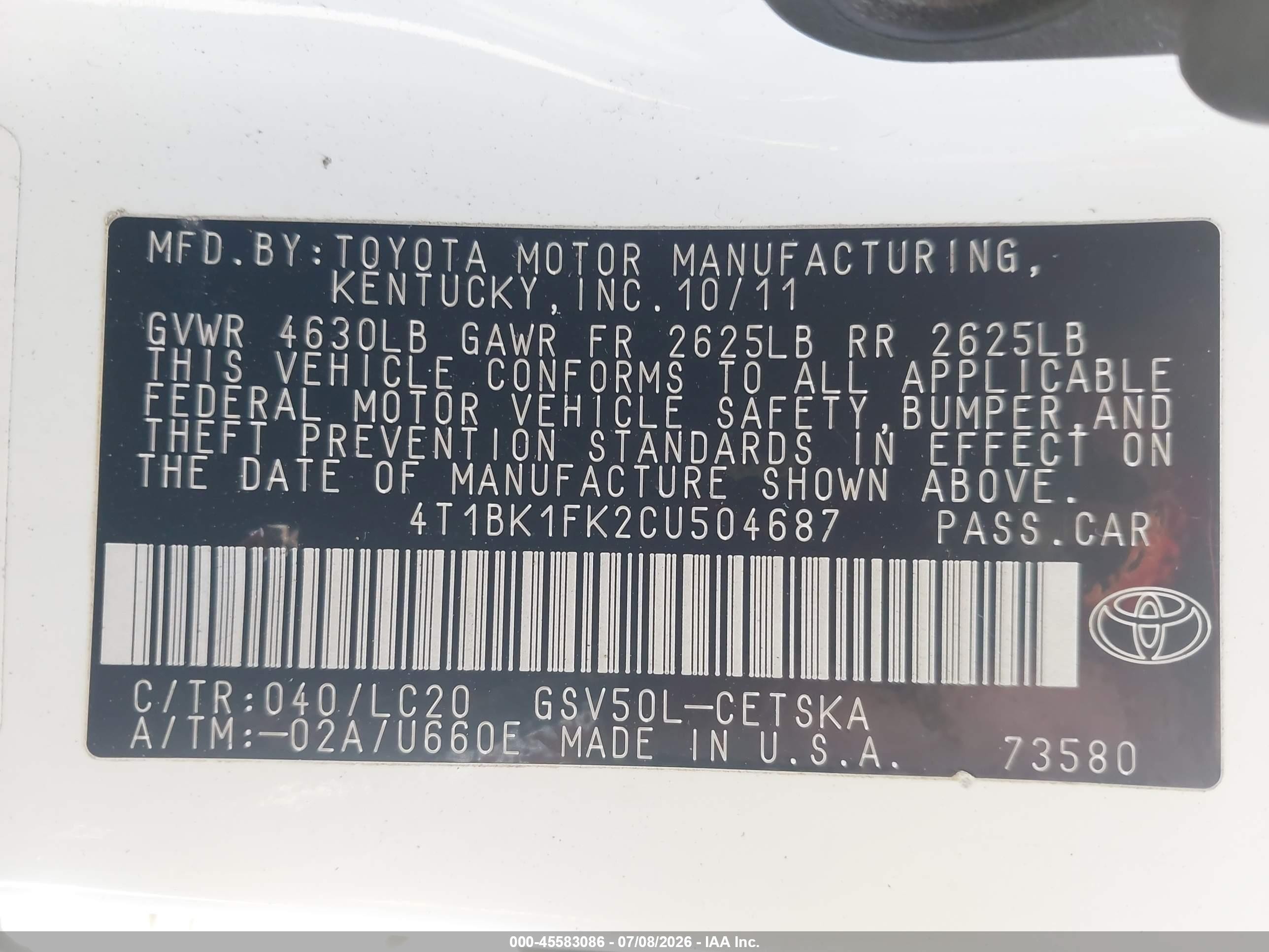 2012 Toyota Camry Se V6 Белый vin: 4T1BK1FK2CU504687