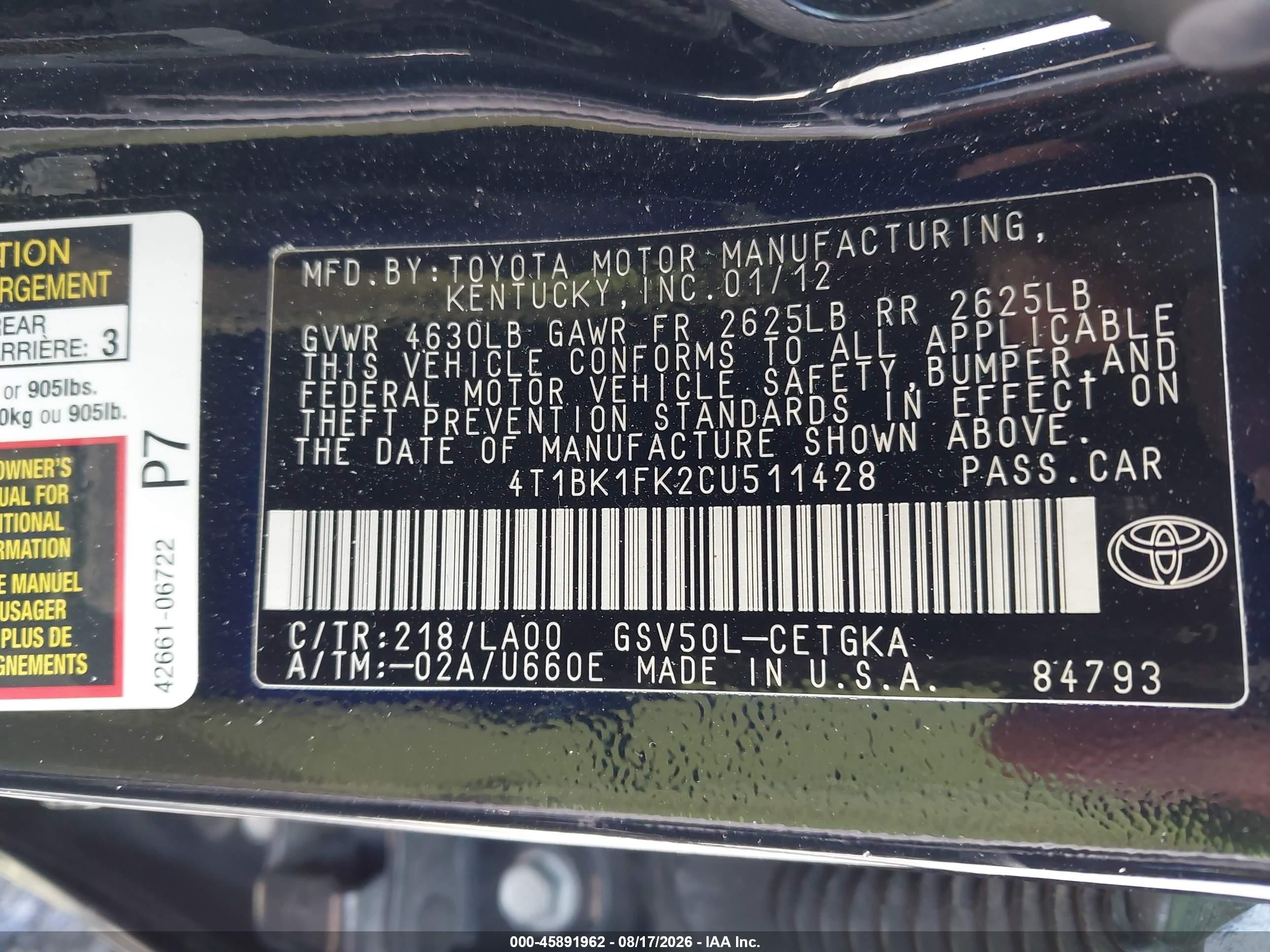 2012 Toyota Camry Xle V6 Black vin: 4T1BK1FK2CU511428