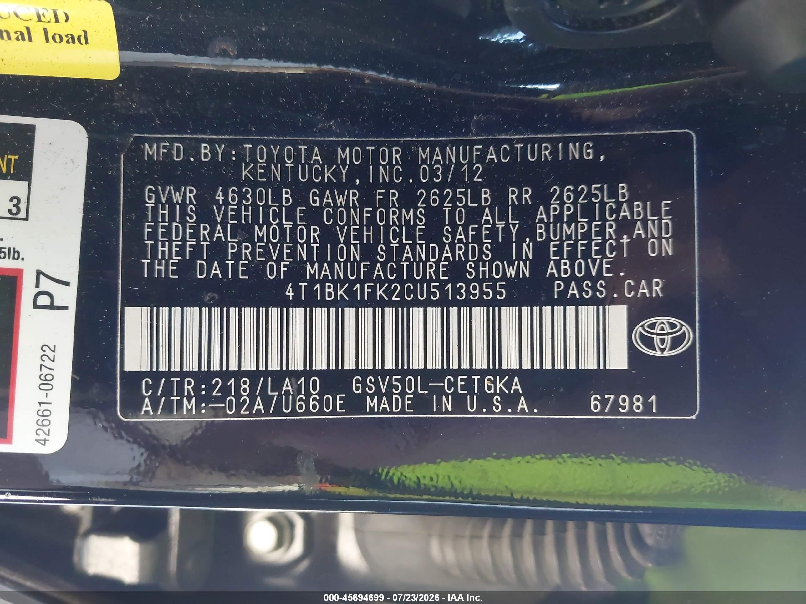 2012 Toyota Camry Xle V6 Black vin: 4T1BK1FK2CU513955