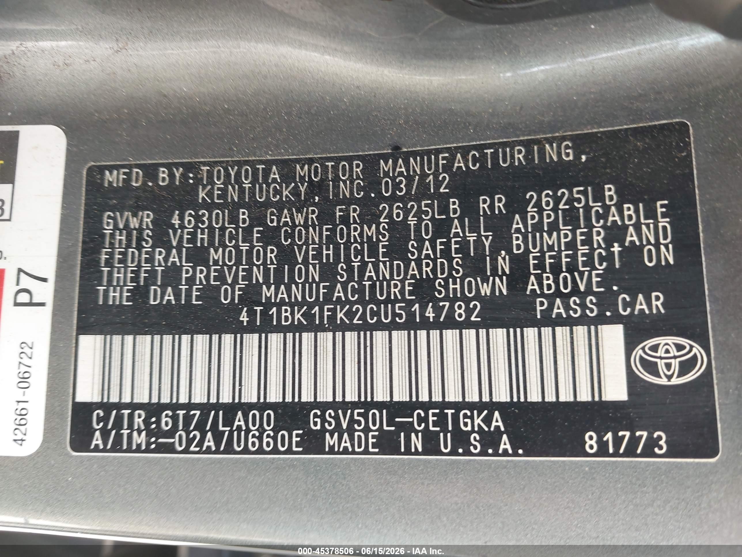 2012 Toyota Camry Xle V6 Teal vin: 4T1BK1FK2CU514782