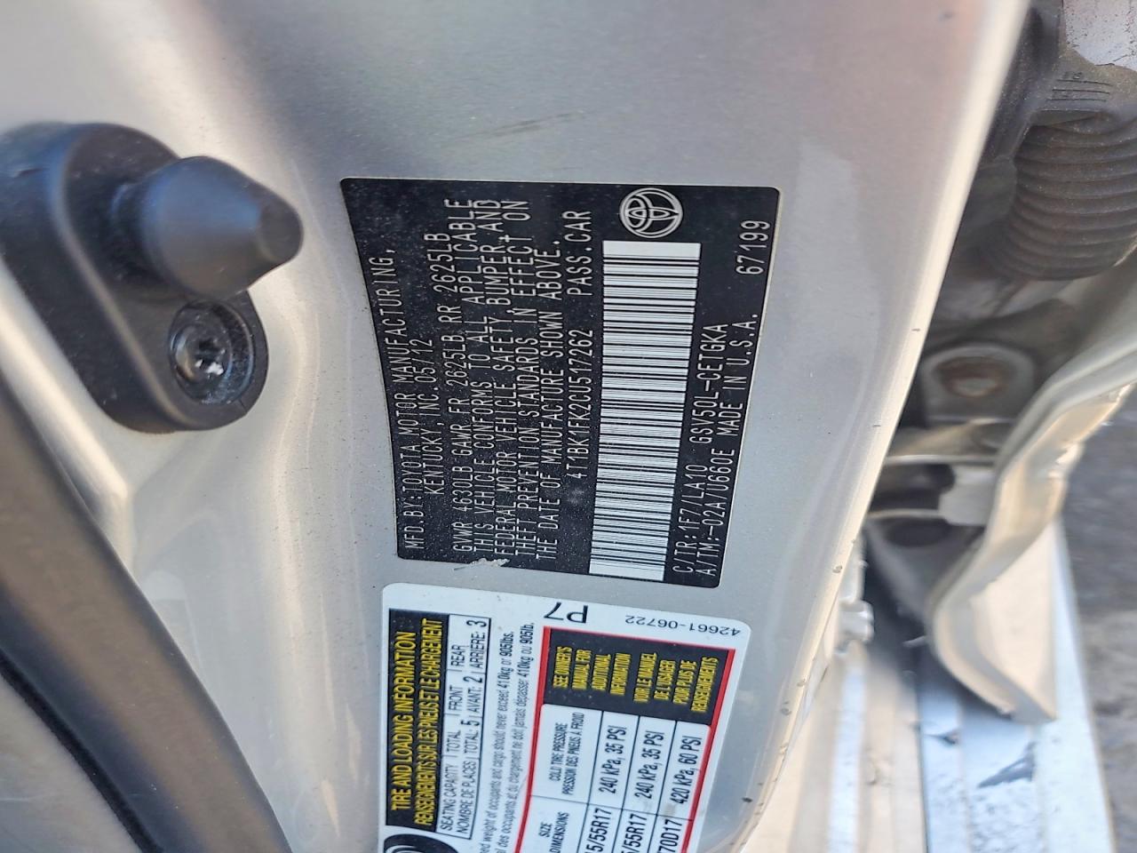 2012 Toyota Camry Xle V6 Silver vin: 4T1BK1FK2CU517262