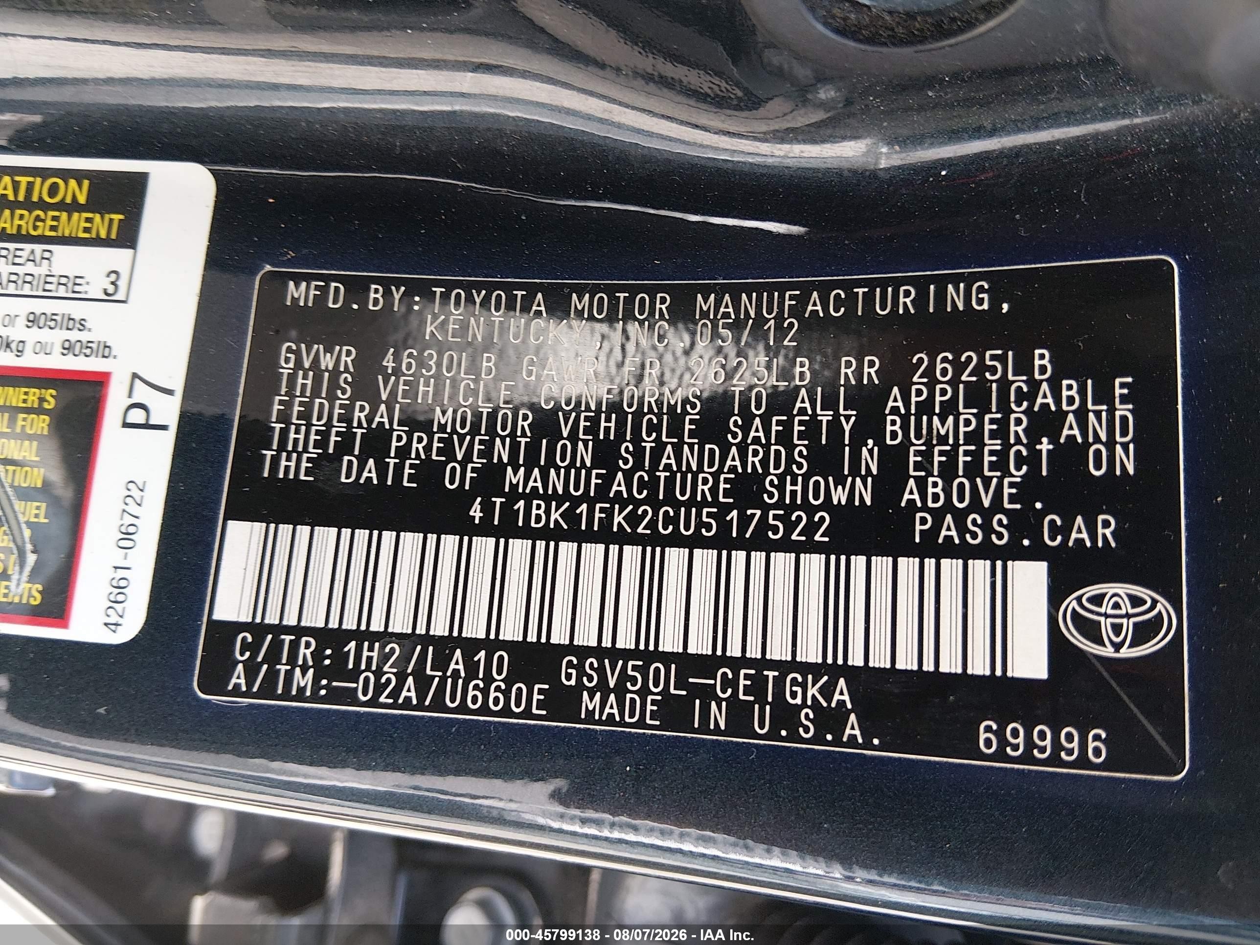 2012 Toyota Camry Xle V6 Black vin: 4T1BK1FK2CU517522
