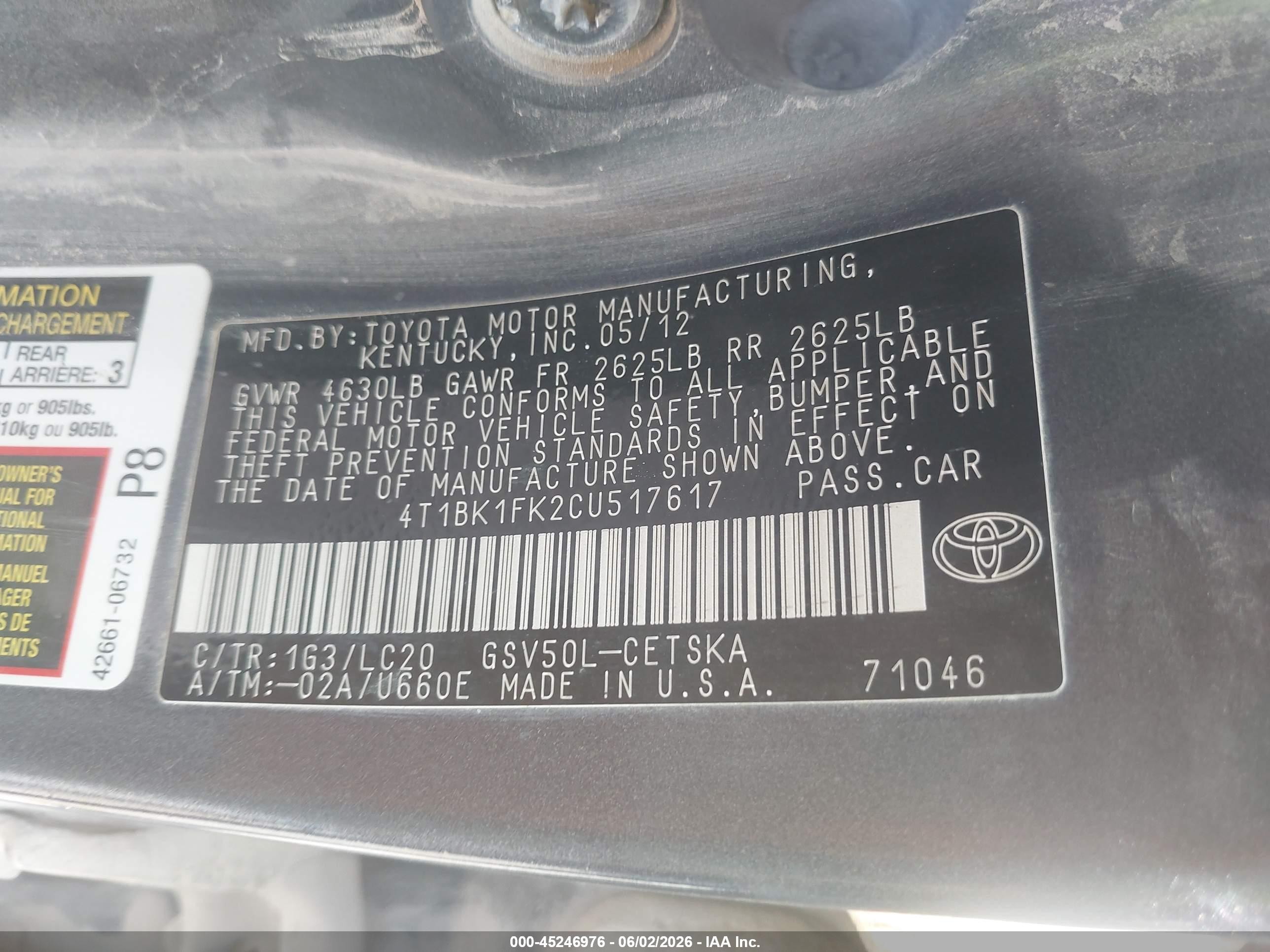 2012 Toyota Camry Se V6 Gray vin: 4T1BK1FK2CU517617