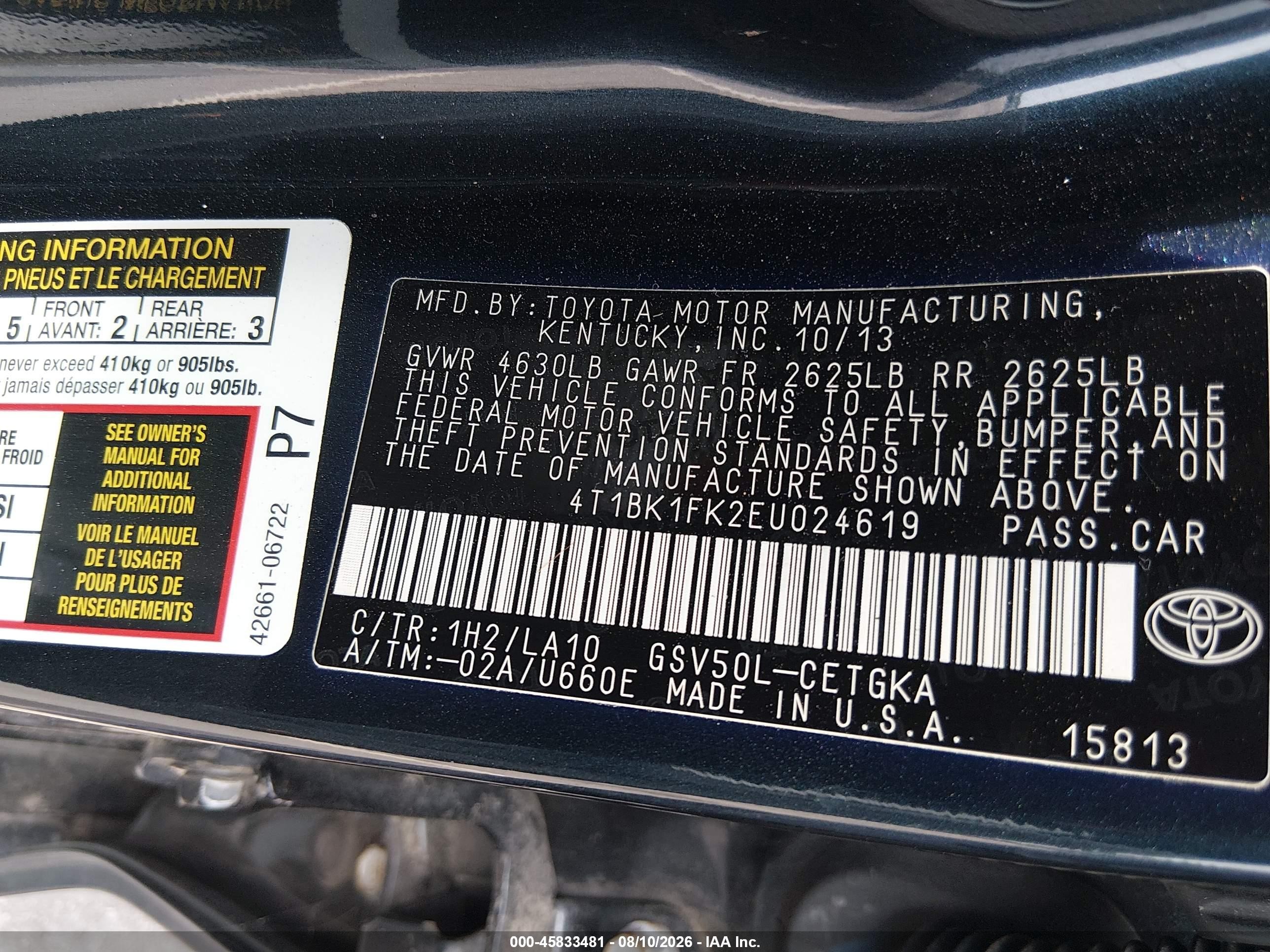 2014 Toyota Camry Xle V6 Black vin: 4T1BK1FK2EU024619