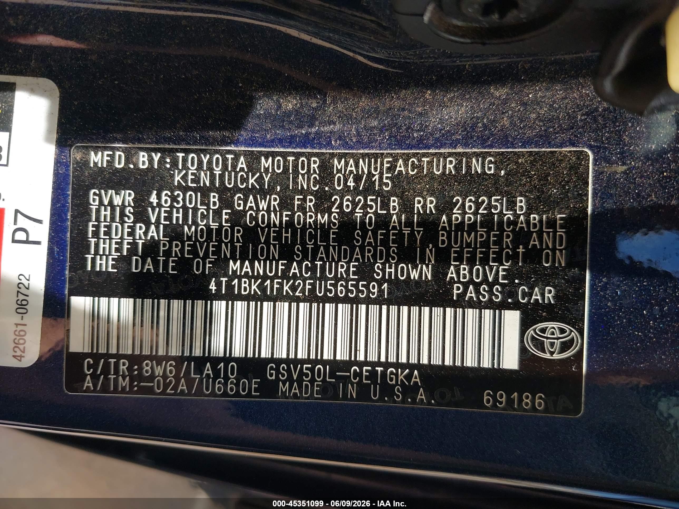 2015 Toyota Camry Xle V6 Blue vin: 4T1BK1FK2FU565591