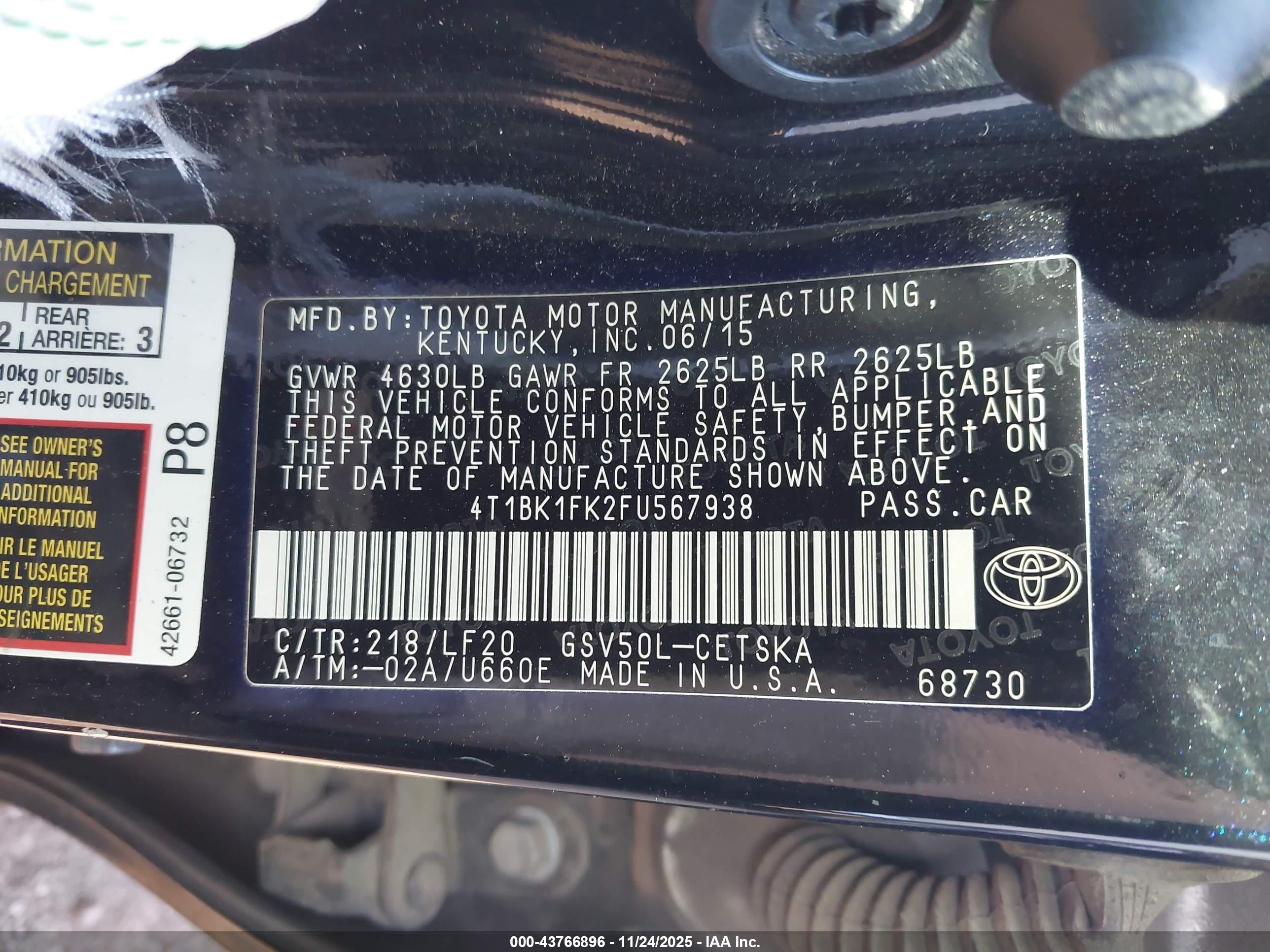 2015 Toyota Camry Xse V6 Black vin: 4T1BK1FK2FU567938