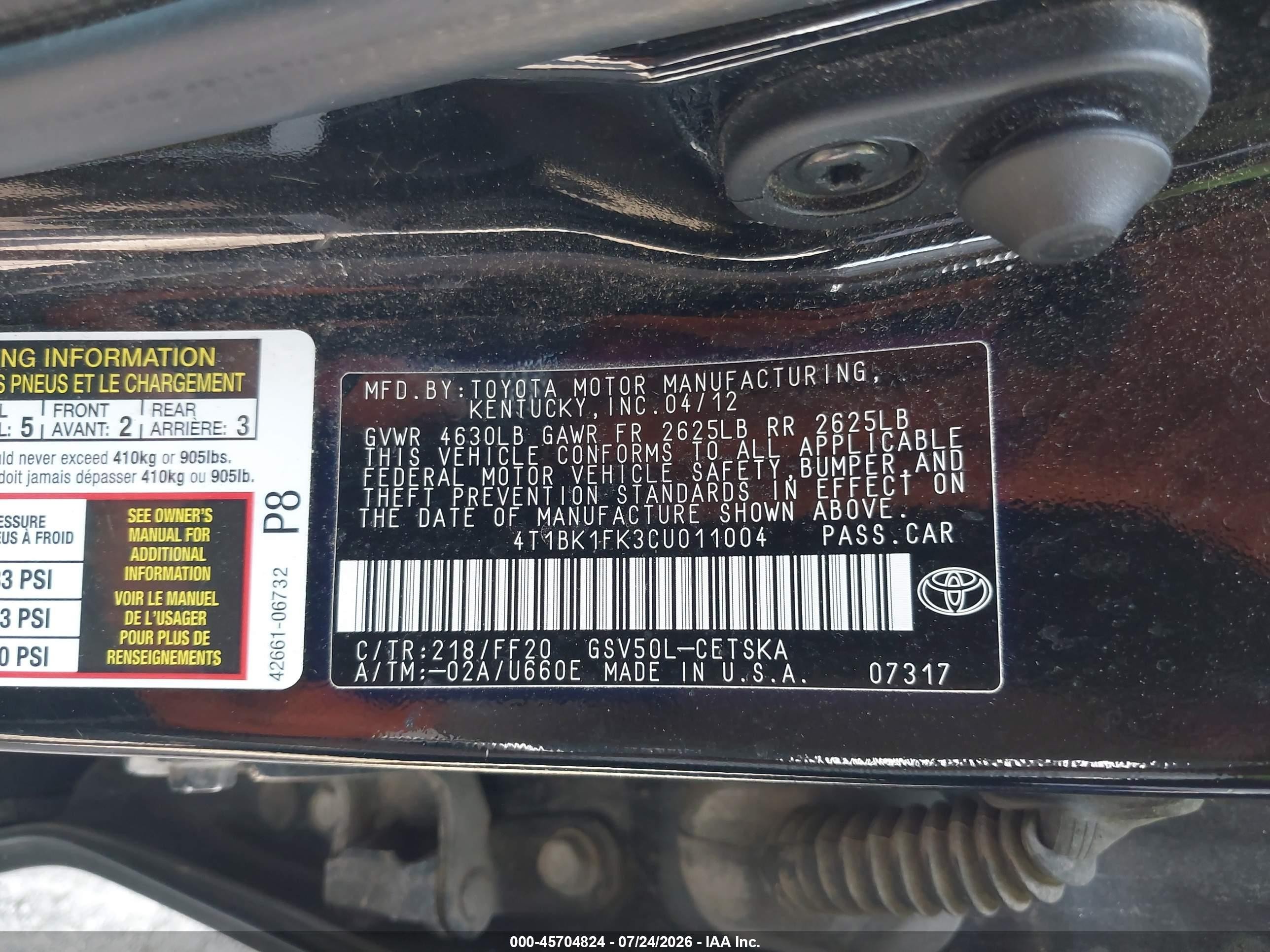 2012 Toyota Camry Se V6 Black vin: 4T1BK1FK3CU011004