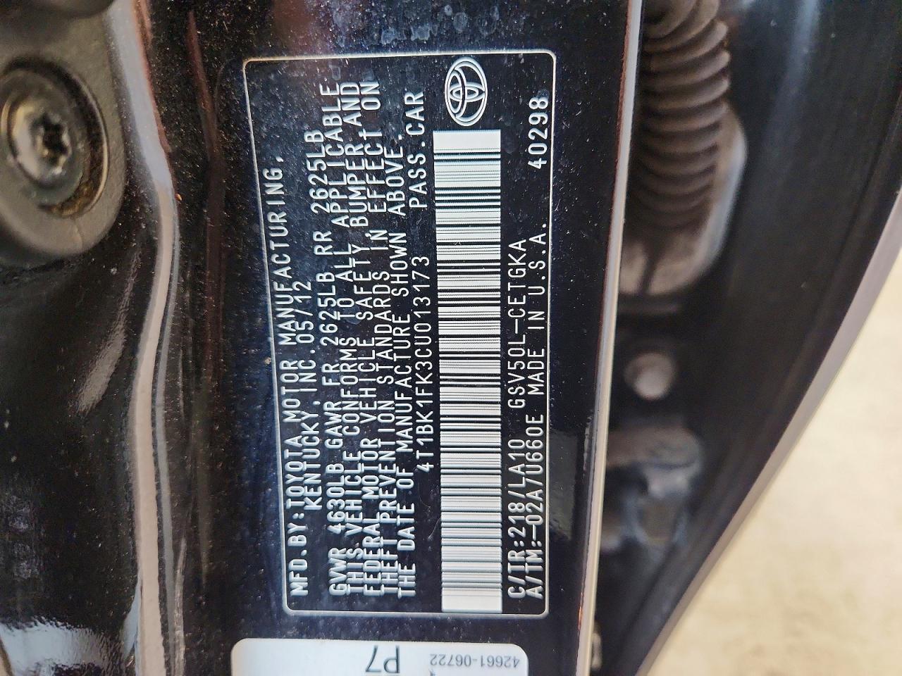 2012 Toyota Camry Xle V6 Черный vin: 4T1BK1FK3CU013173