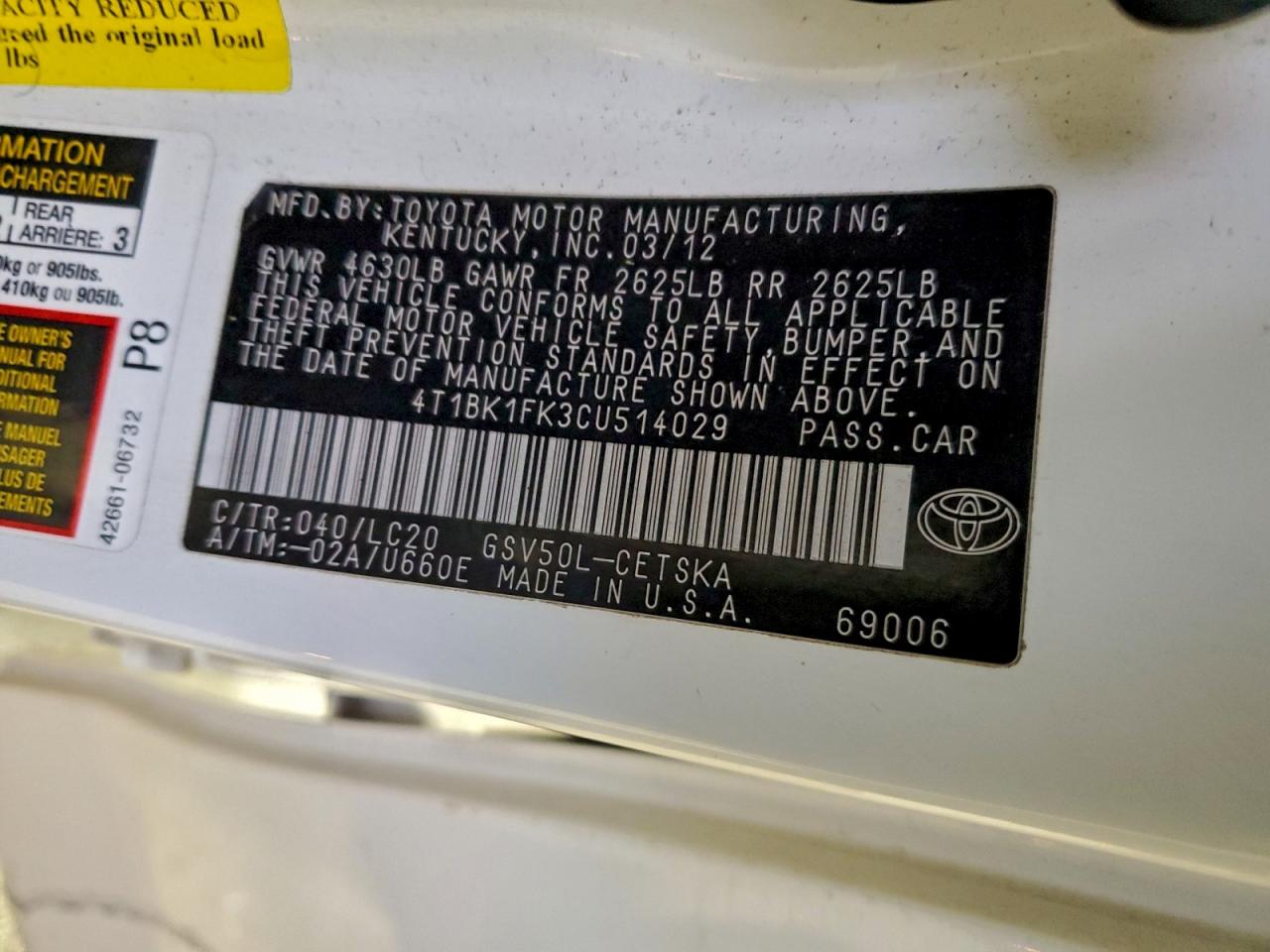 2012 Toyota Camry Se White vin: 4T1BK1FK3CU514029