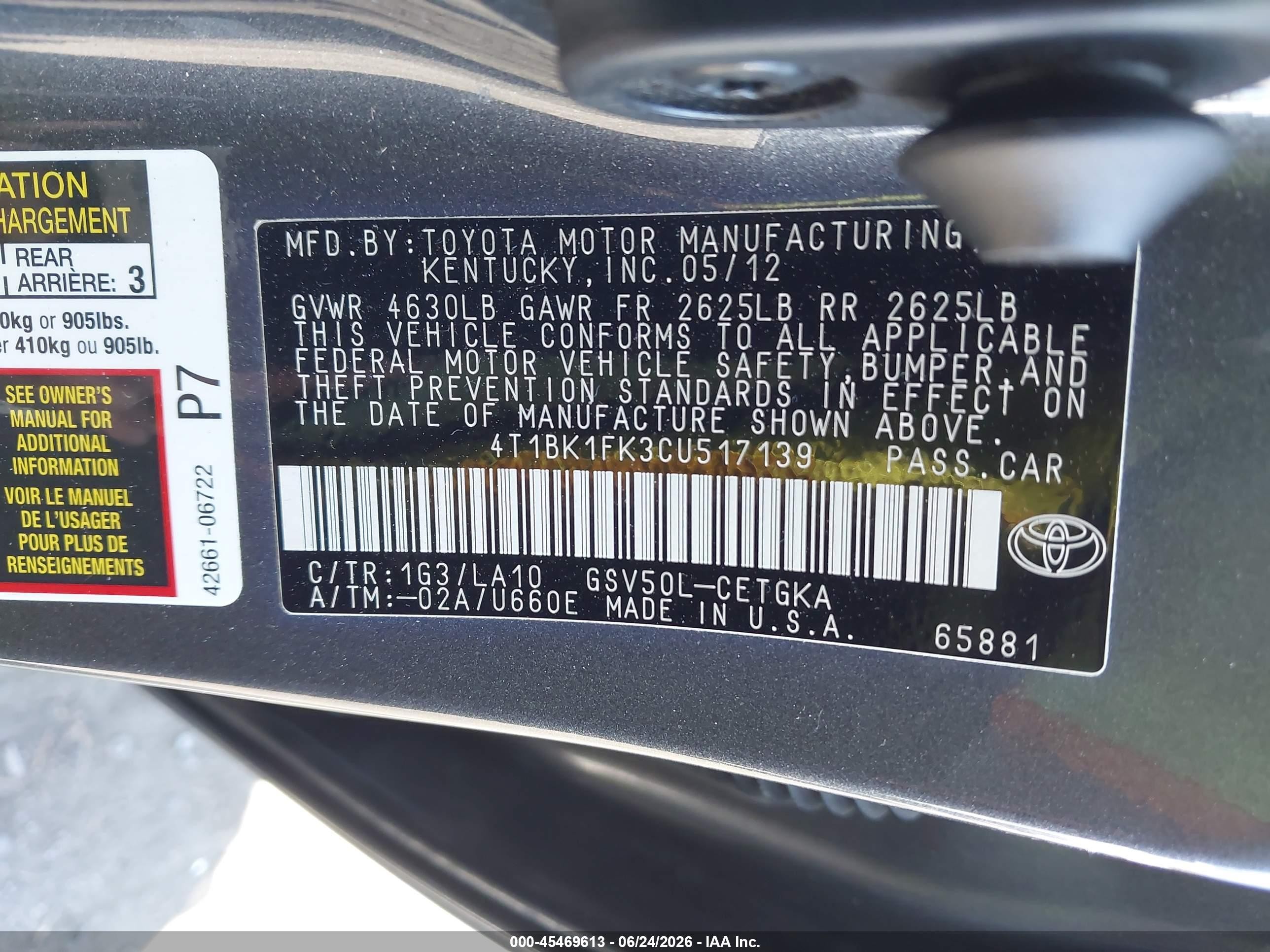 2012 Toyota Camry Xle V6 Серый vin: 4T1BK1FK3CU517139