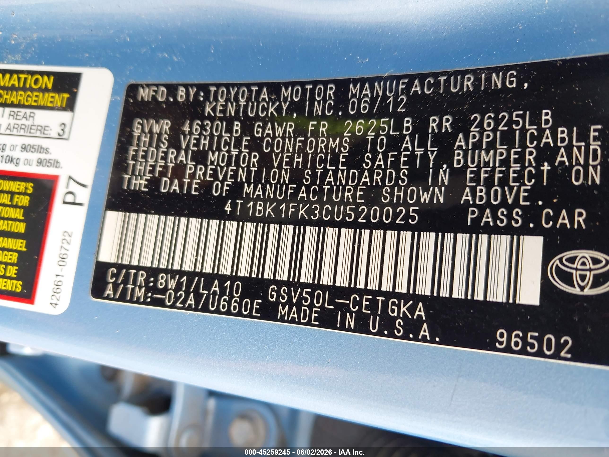 2012 Toyota Camry Xle V6 Blue vin: 4T1BK1FK3CU520025