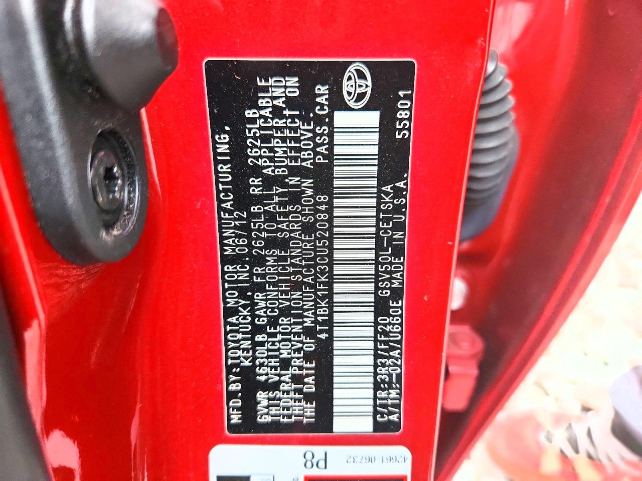 2012 Toyota Camry Se V6 Red vin: 4T1BK1FK3CU520848