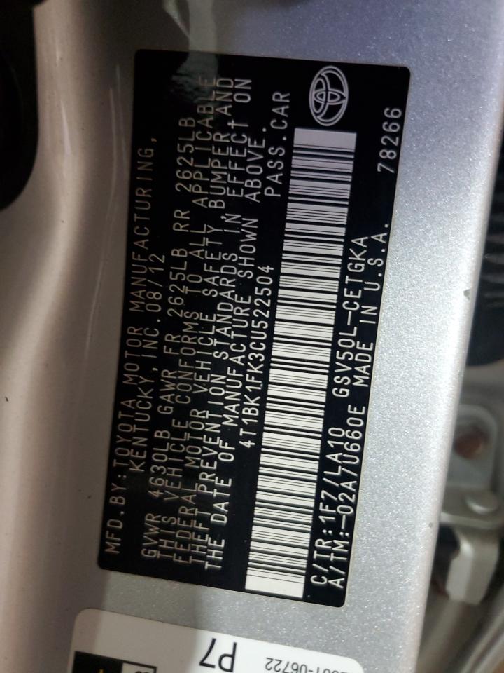 2012 Toyota Camry Xle V6 Silver vin: 4T1BK1FK3CU522504