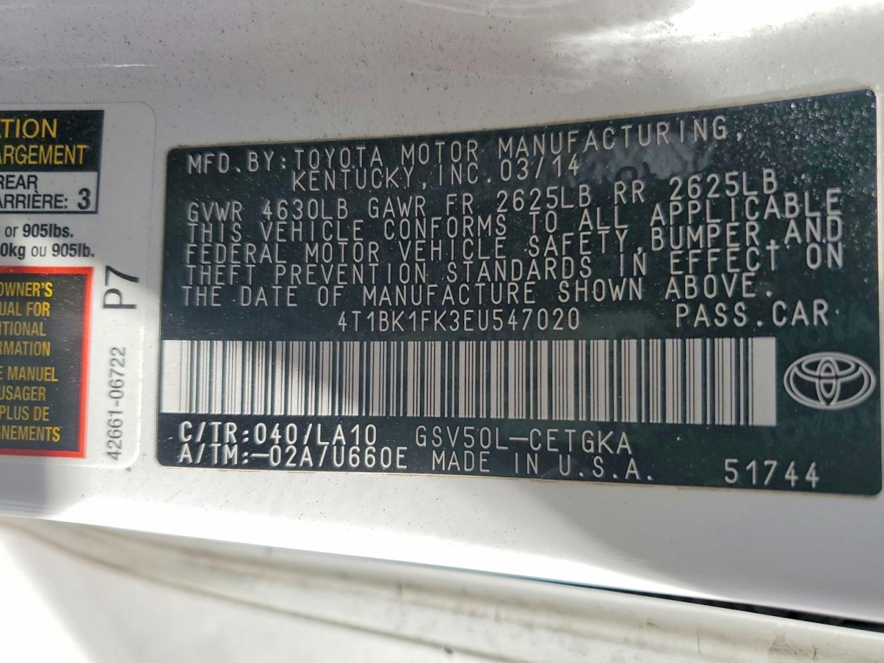 2014 Toyota Camry White vin: 4T1BK1FK3EU547020
