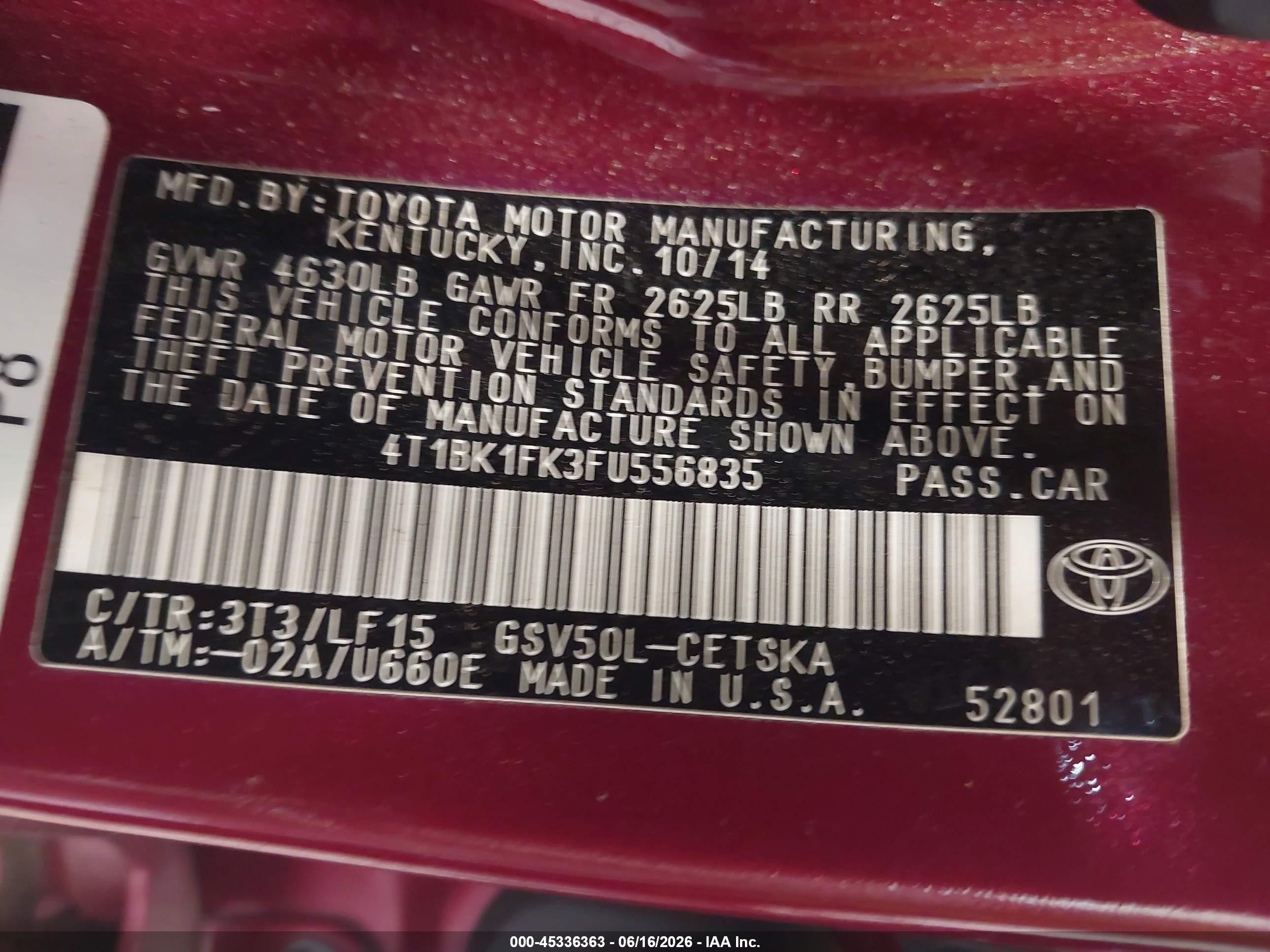2015 Toyota Camry Xse V6 Burgundy vin: 4T1BK1FK3FU556835