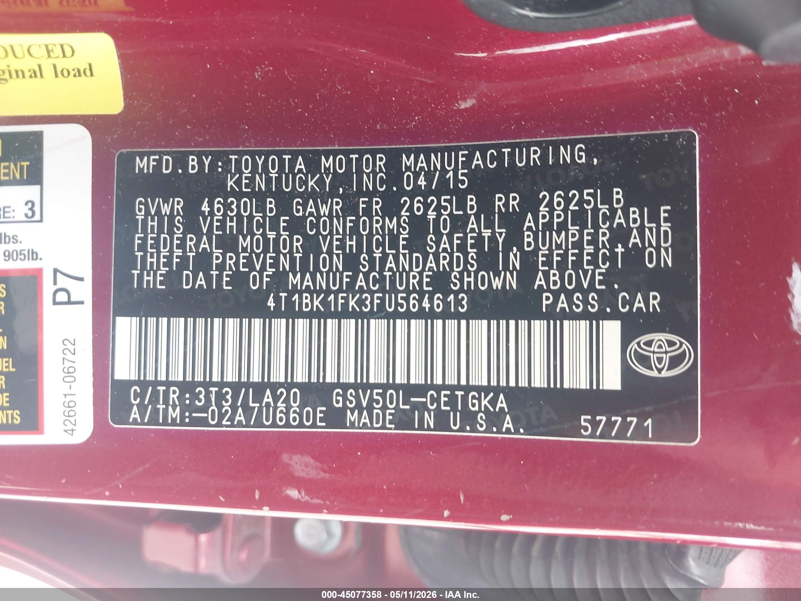 2015 Toyota Camry Xle V6 Red vin: 4T1BK1FK3FU564613