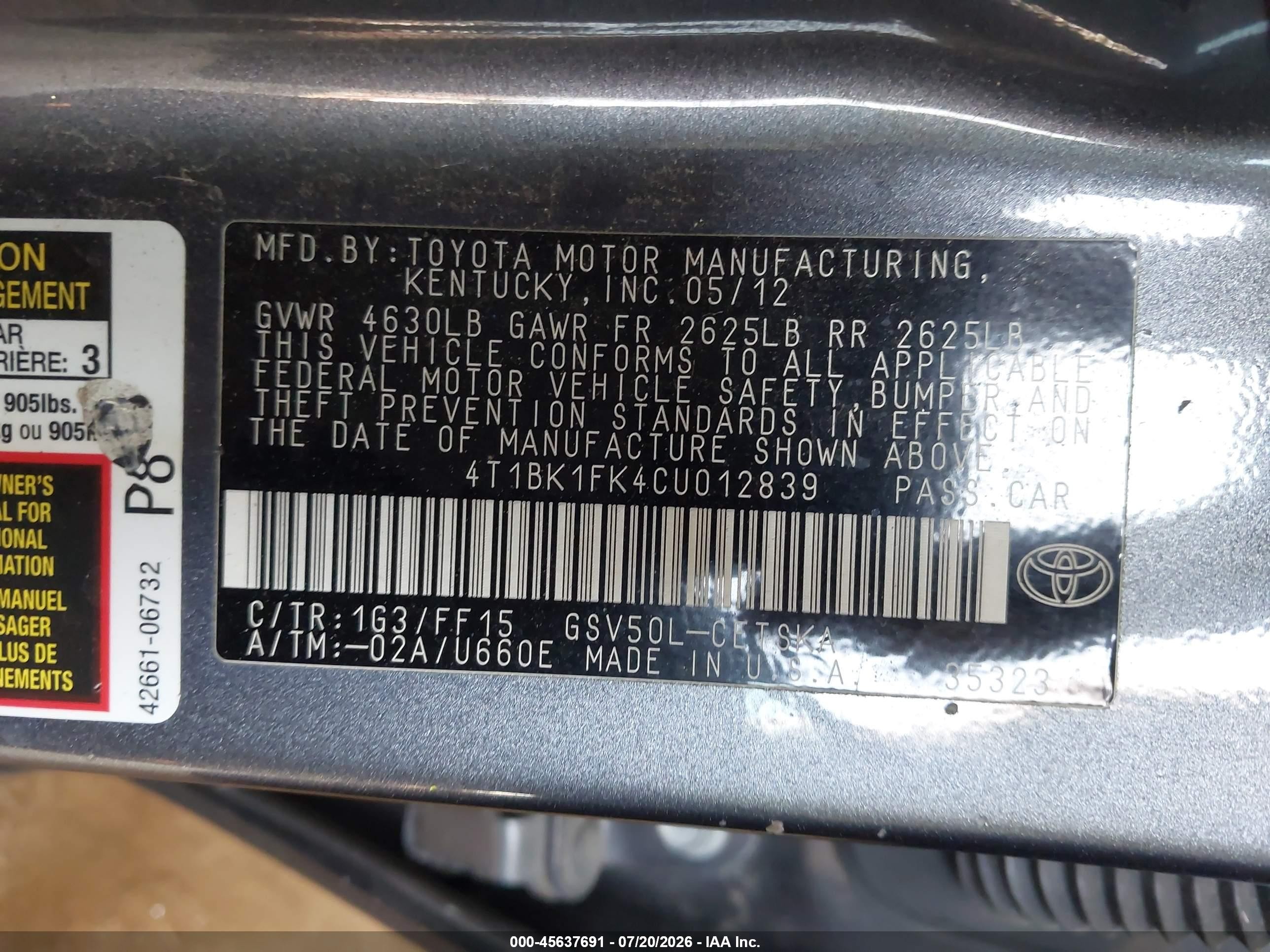 2012 Toyota Camry Se V6 Gray vin: 4T1BK1FK4CU012839