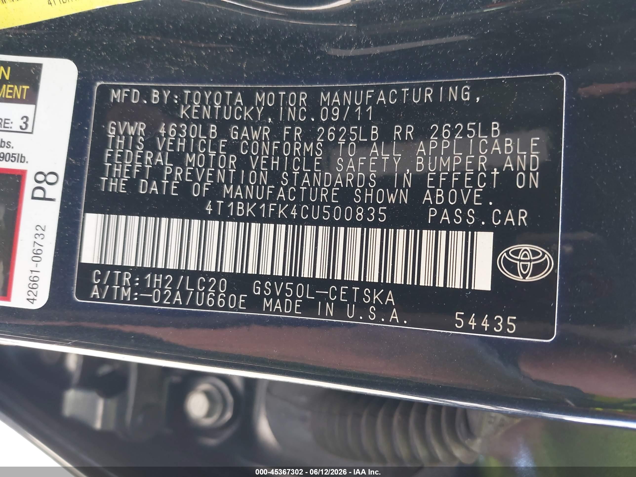 2012 Toyota Camry Se V6 Black vin: 4T1BK1FK4CU500835