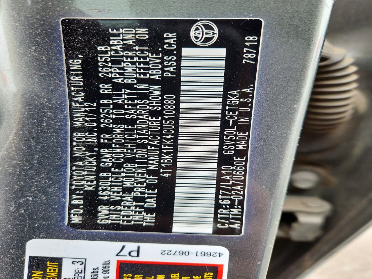 2012 Toyota Camry Xle V6 Gray vin: 4T1BK1FK4CU510880