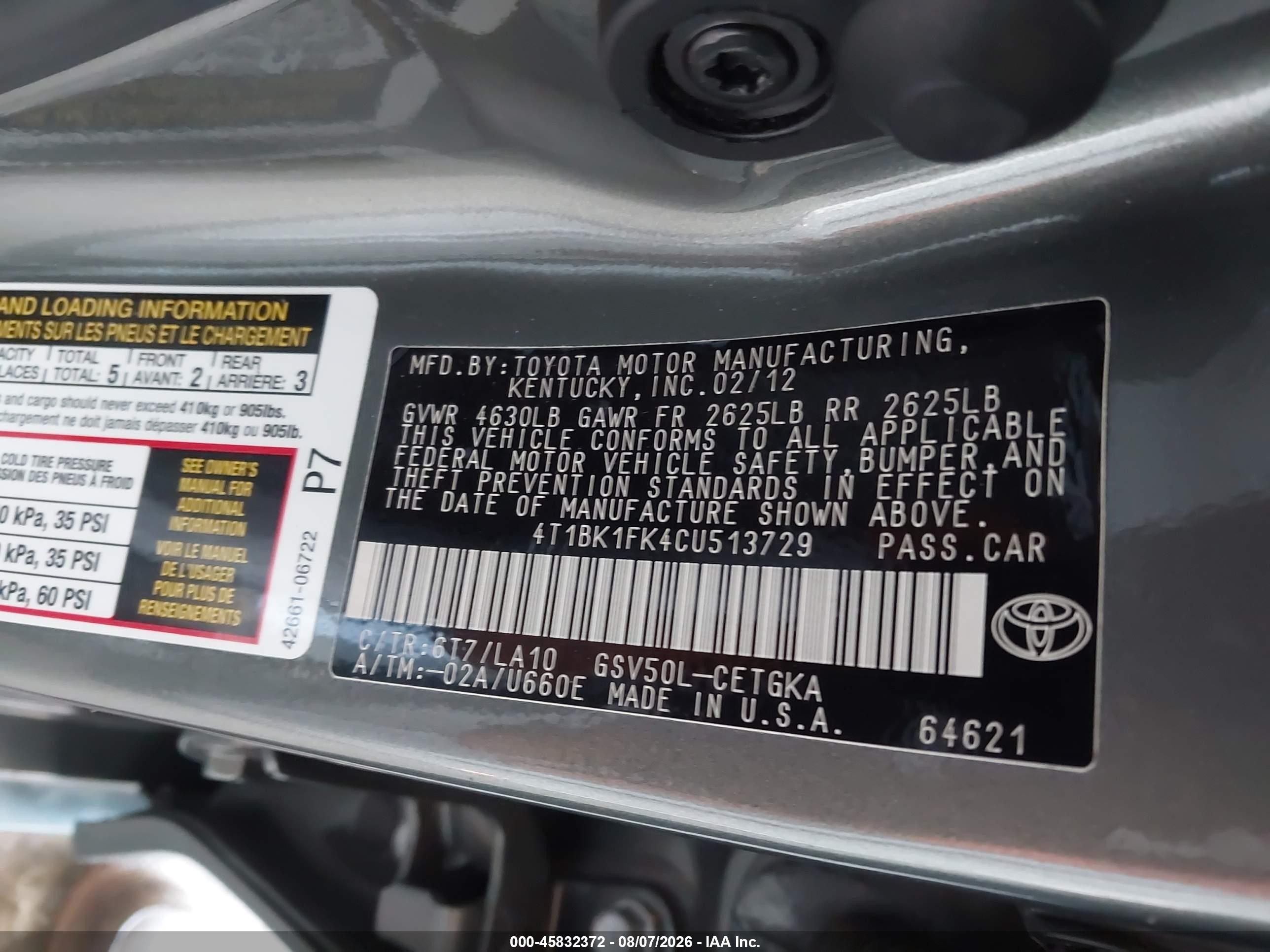 2012 Toyota Camry Xle V6 Gray vin: 4T1BK1FK4CU513729