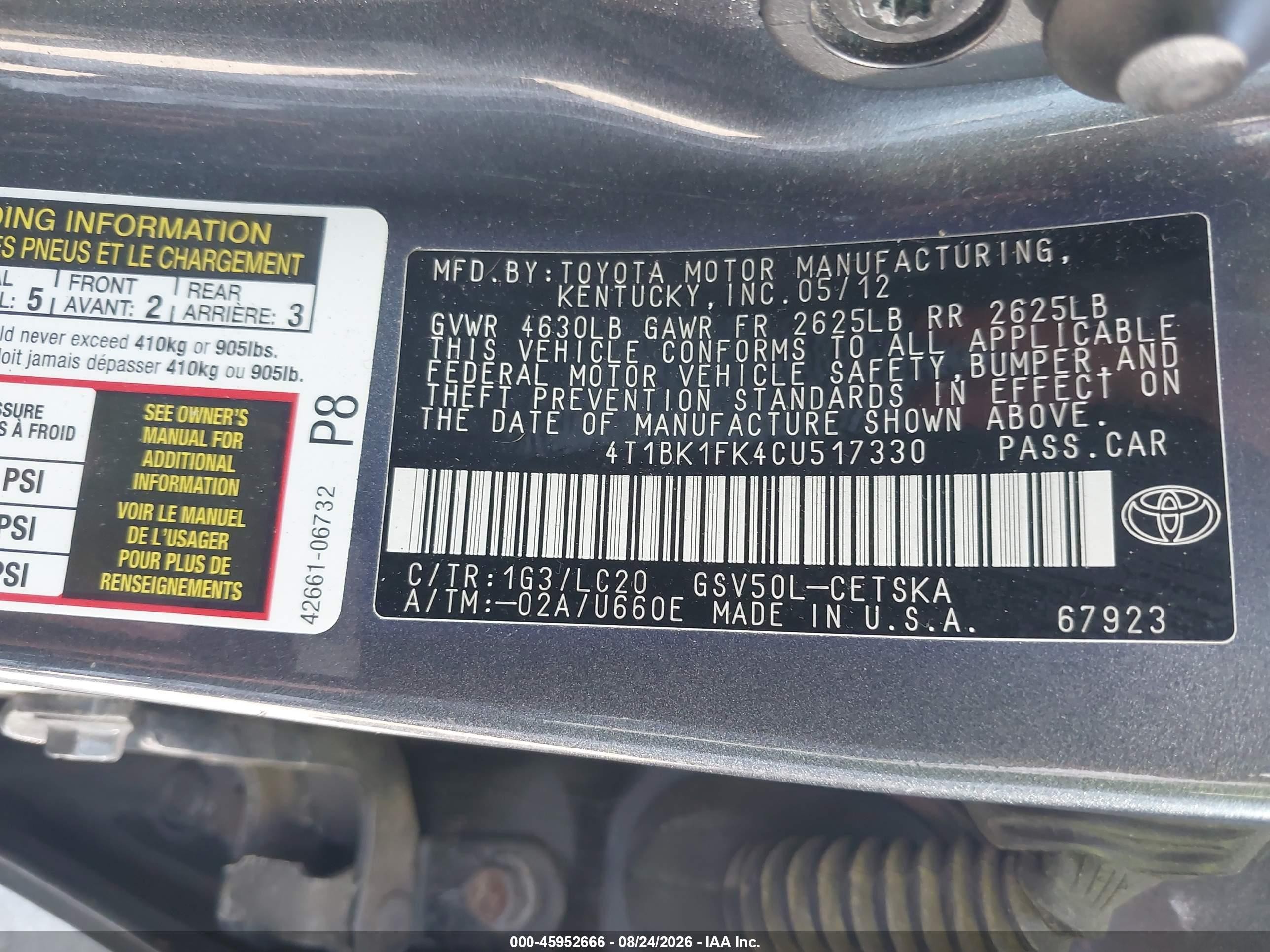 2012 Toyota Camry Se V6 Gray vin: 4T1BK1FK4CU517330