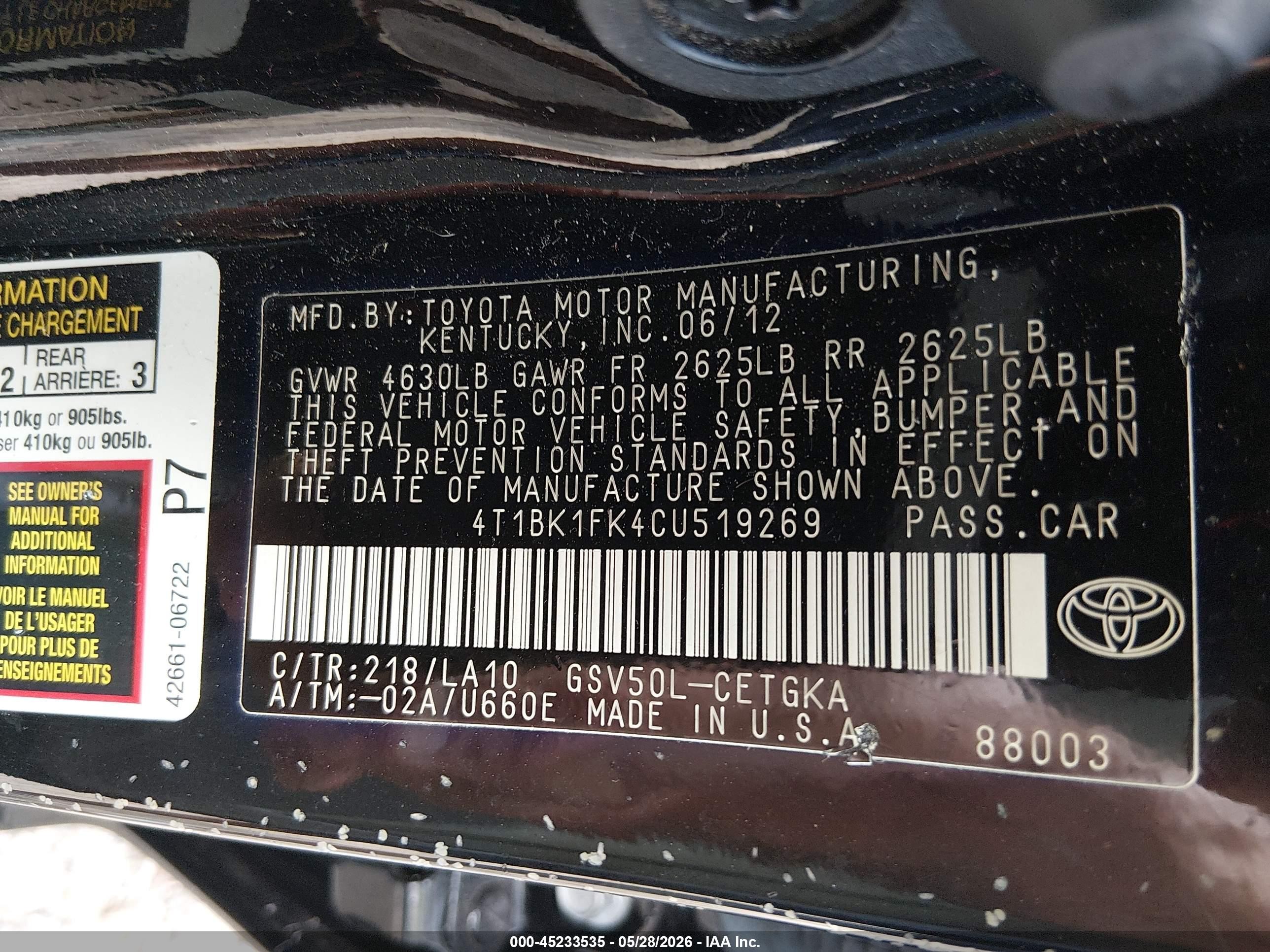 2012 Toyota Camry Xle V6 Black vin: 4T1BK1FK4CU519269