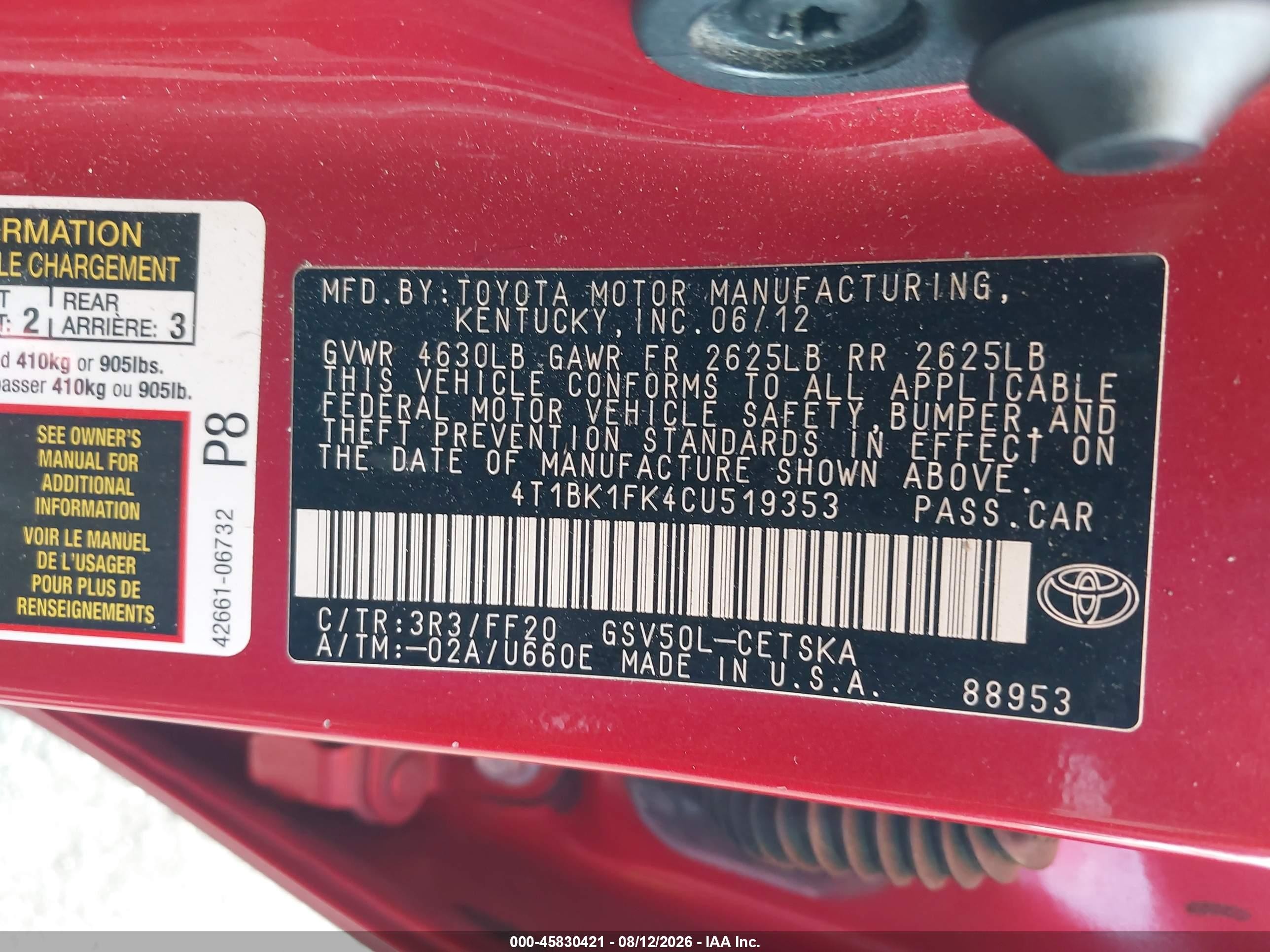 2012 Toyota Camry Se V6 Red vin: 4T1BK1FK4CU519353
