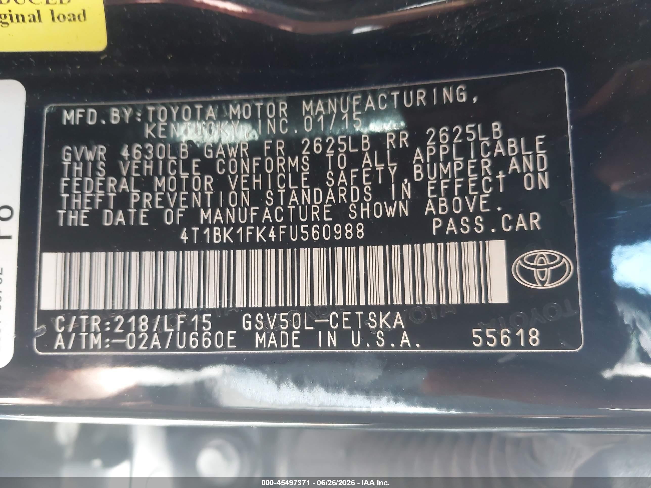 2015 Toyota Camry Xse V6 Black vin: 4T1BK1FK4FU560988