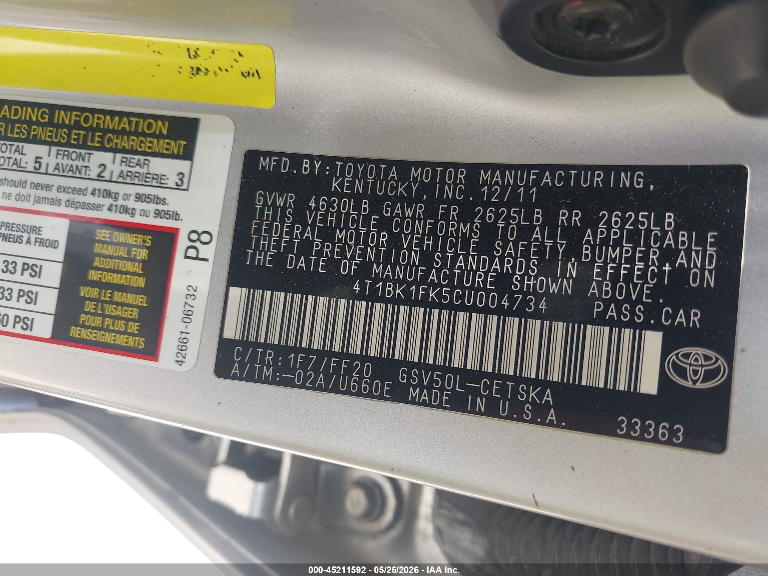 2012 Toyota Camry Se V6 Gray vin: 4T1BK1FK5CU004734
