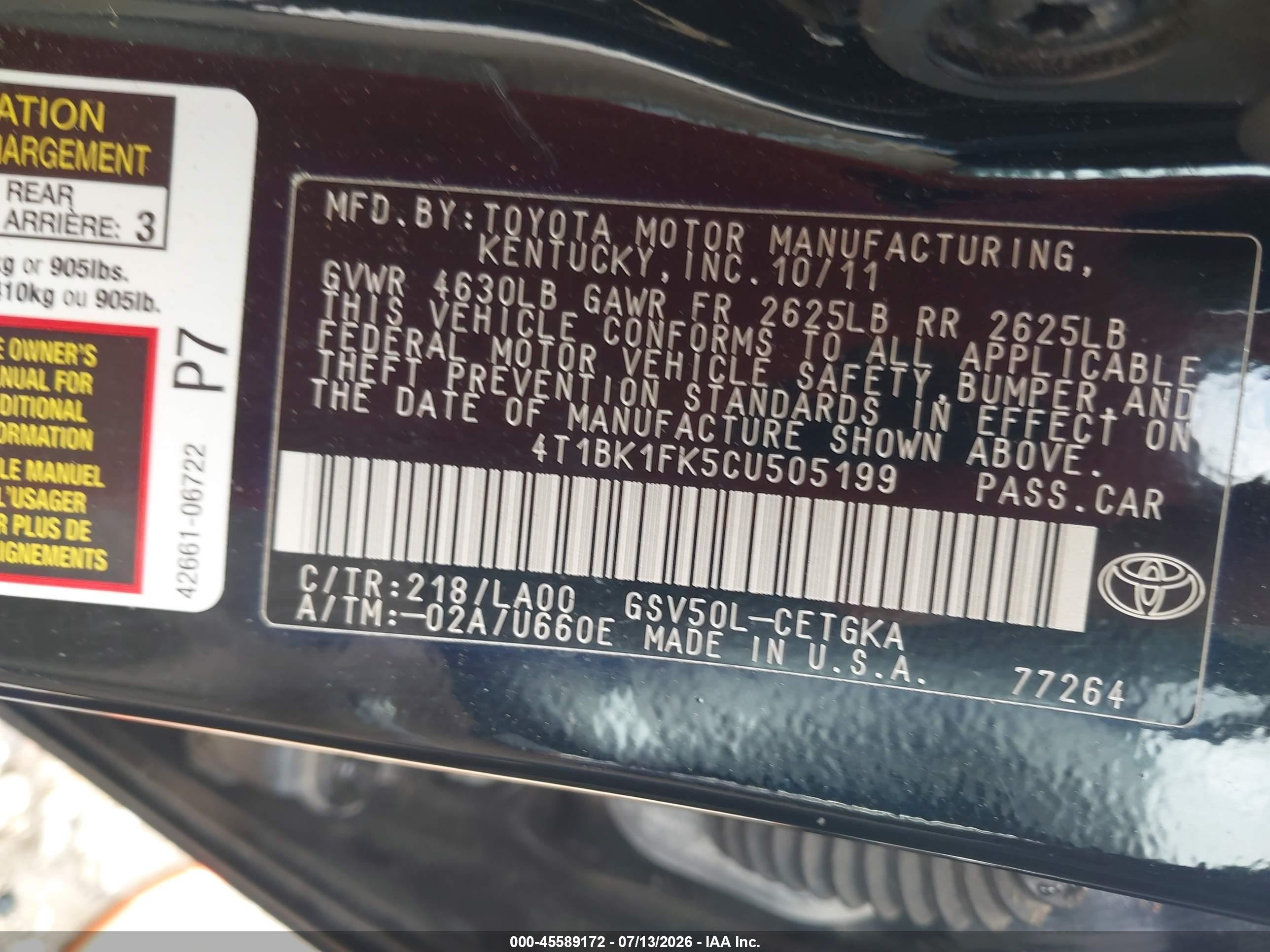2012 Toyota Camry Xle V6 Black vin: 4T1BK1FK5CU505199