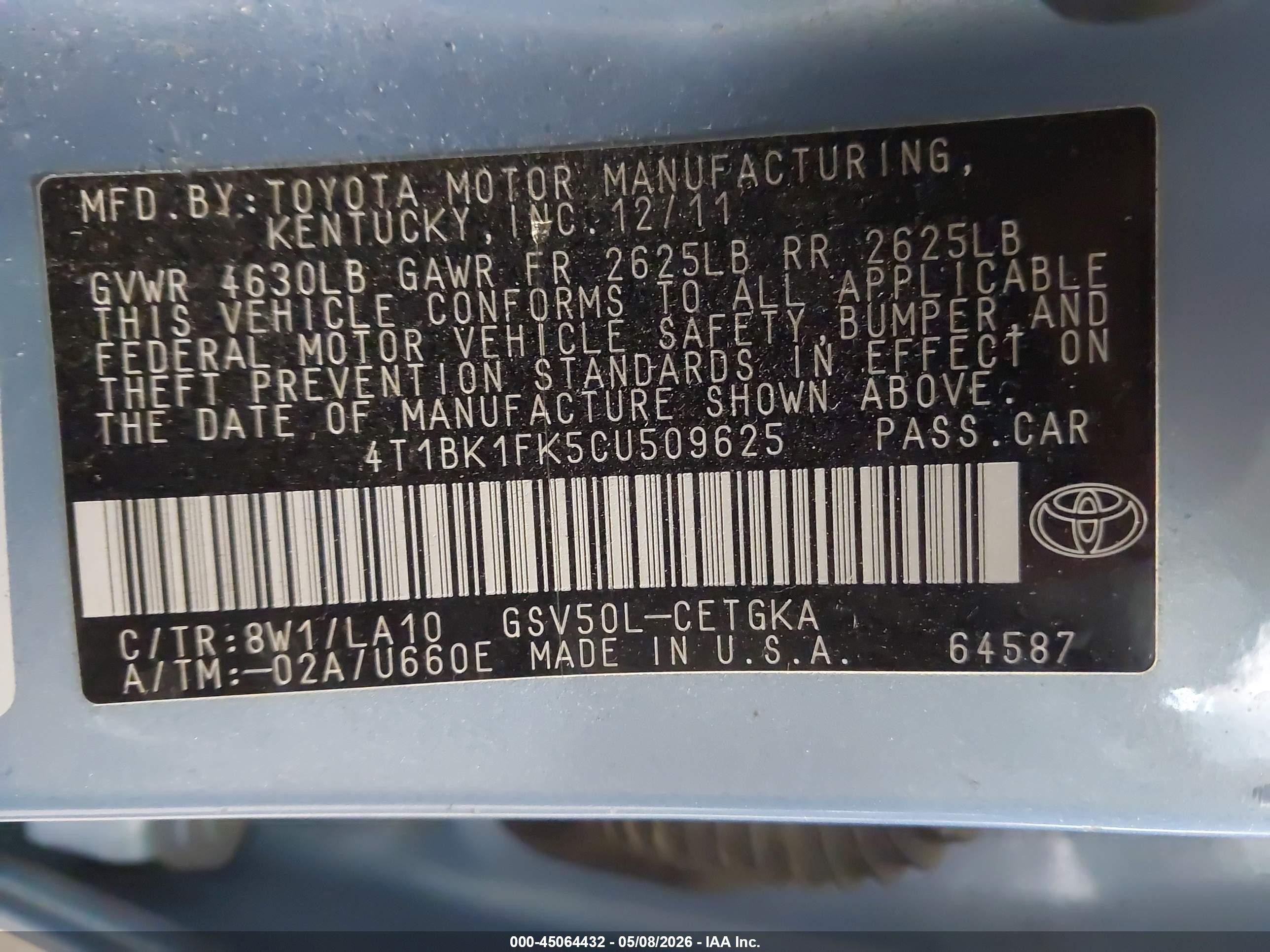 2012 Toyota Camry Xle V6 Blue vin: 4T1BK1FK5CU509625
