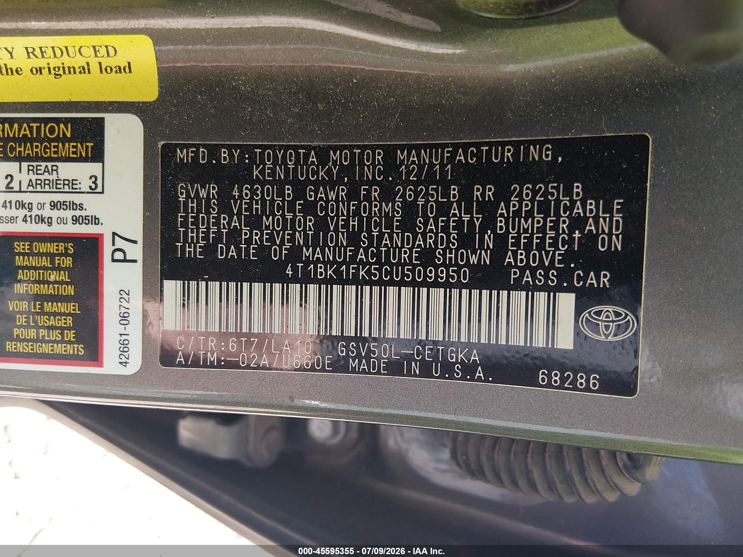 2012 Toyota Camry Xle V6 Gray vin: 4T1BK1FK5CU509950