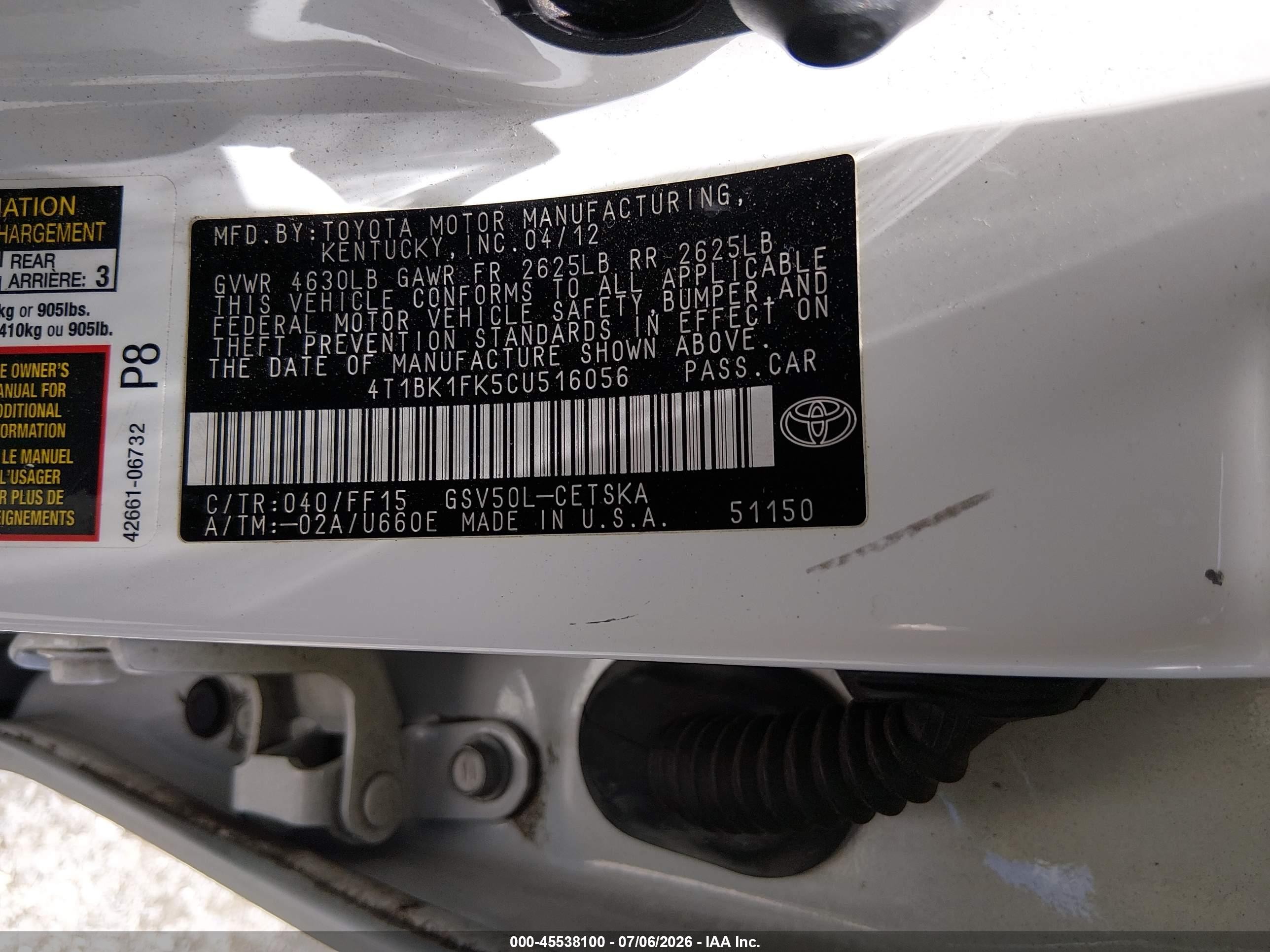 2012 Toyota Camry Se V6 White vin: 4T1BK1FK5CU516056