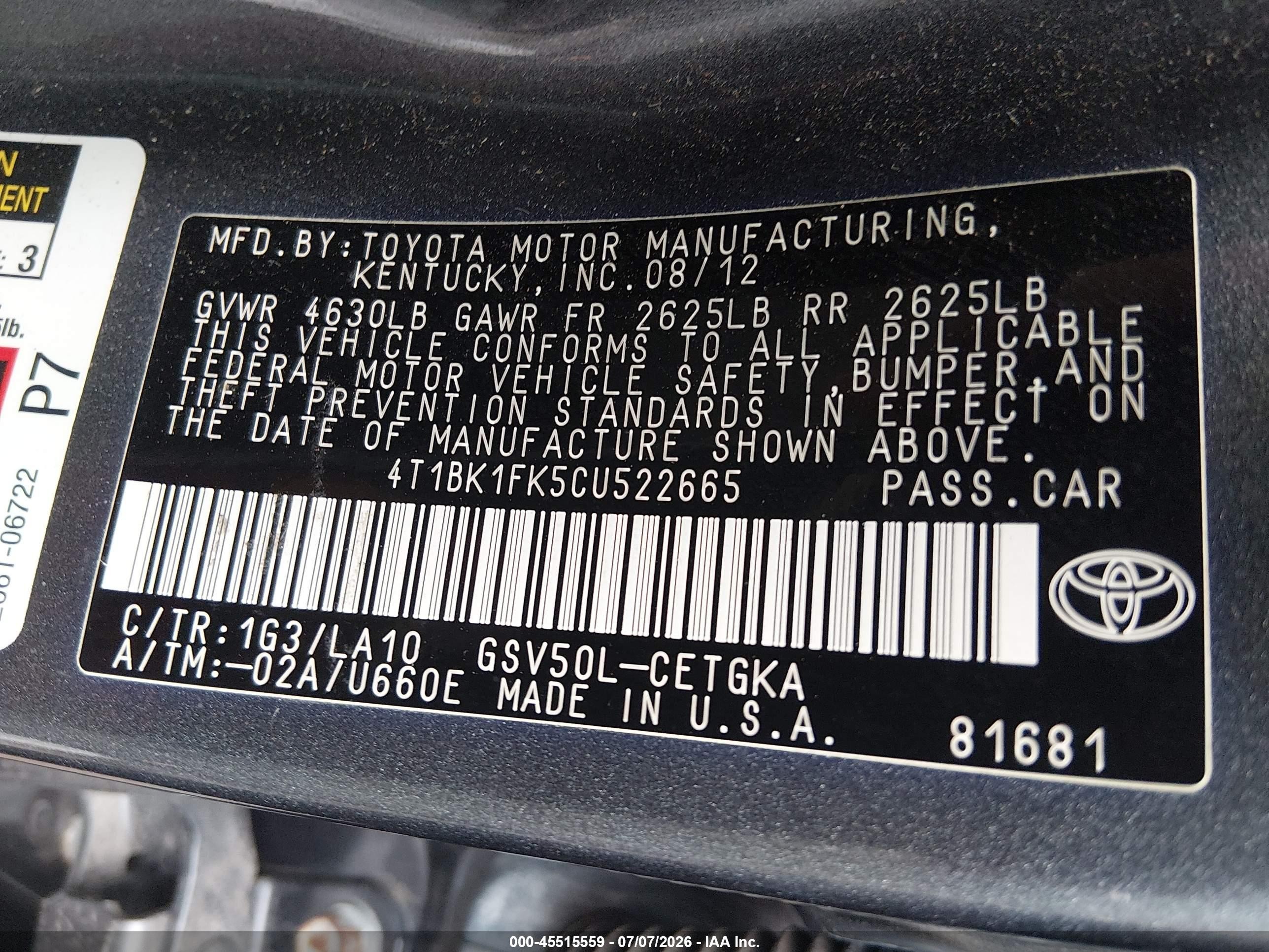 2012 Toyota Camry Xle V6 Gray vin: 4T1BK1FK5CU522665