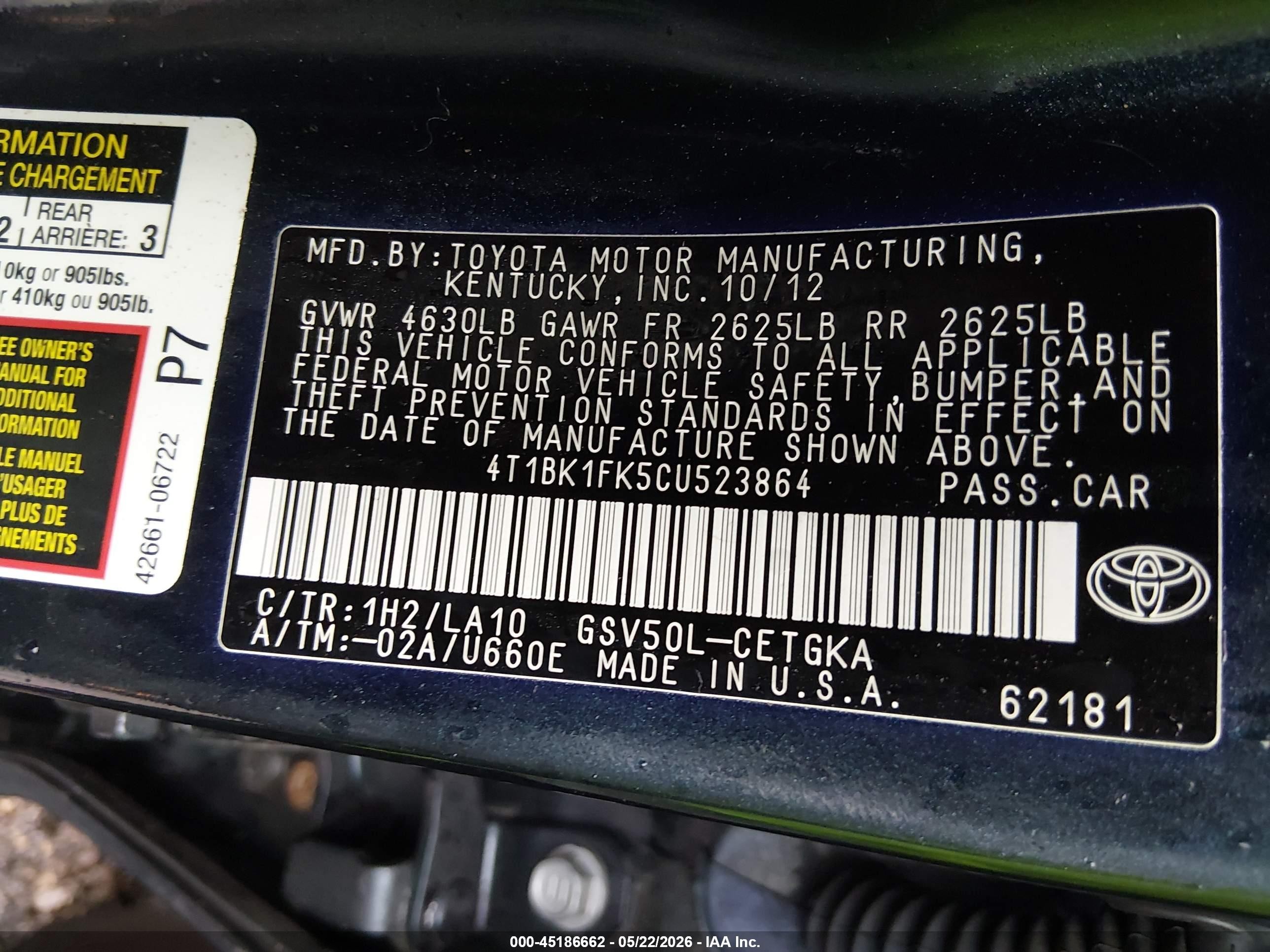 2012 Toyota Camry Xle V6 Blue vin: 4T1BK1FK5CU523864