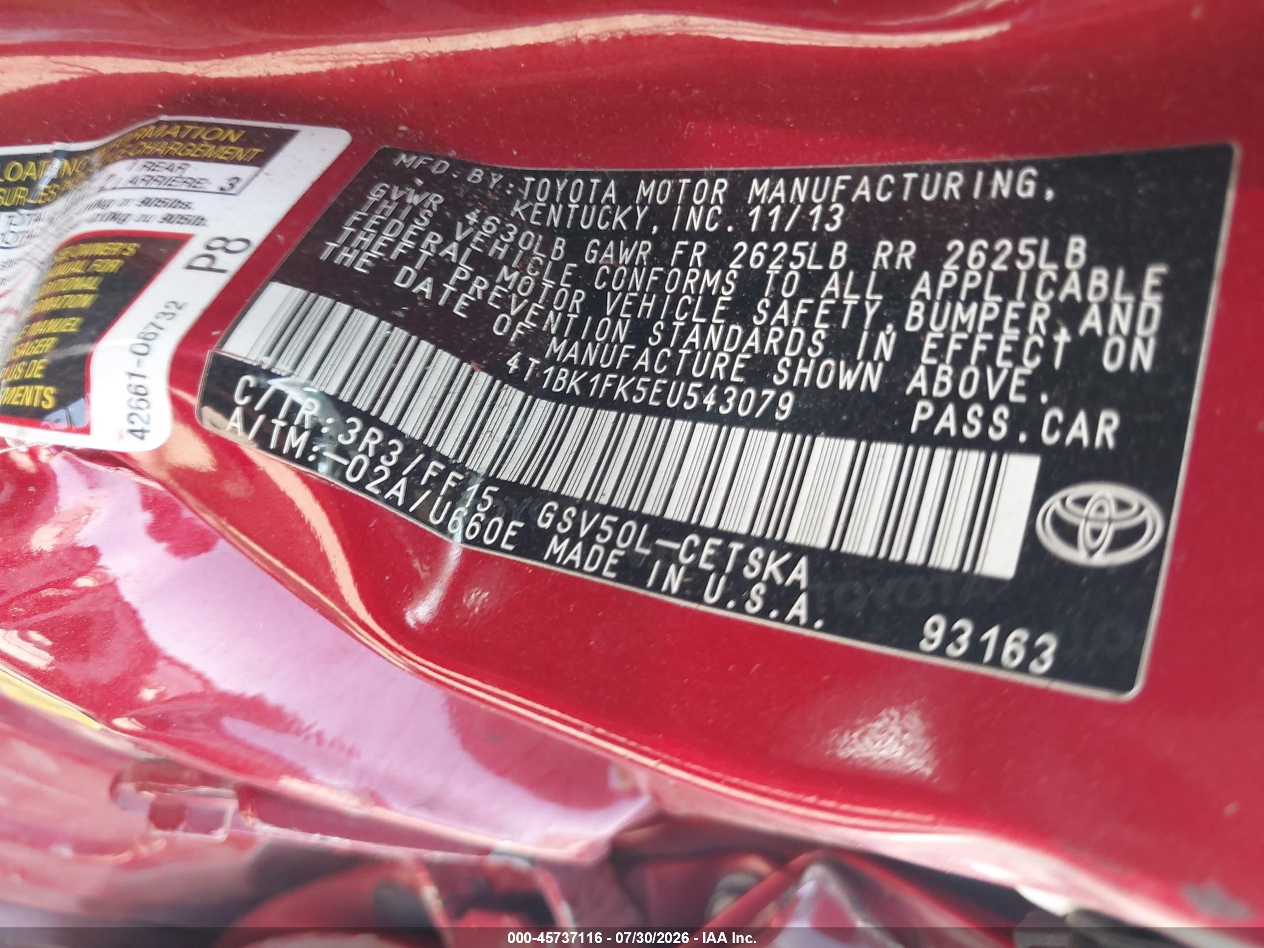2014 Toyota Camry Se V6 Red vin: 4T1BK1FK5EU543079