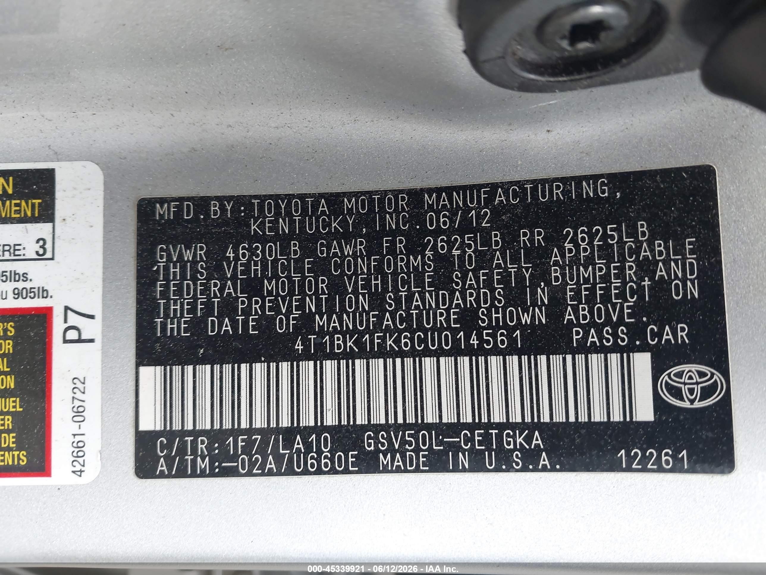 2012 Toyota Camry Xle V6 Silver vin: 4T1BK1FK6CU014561