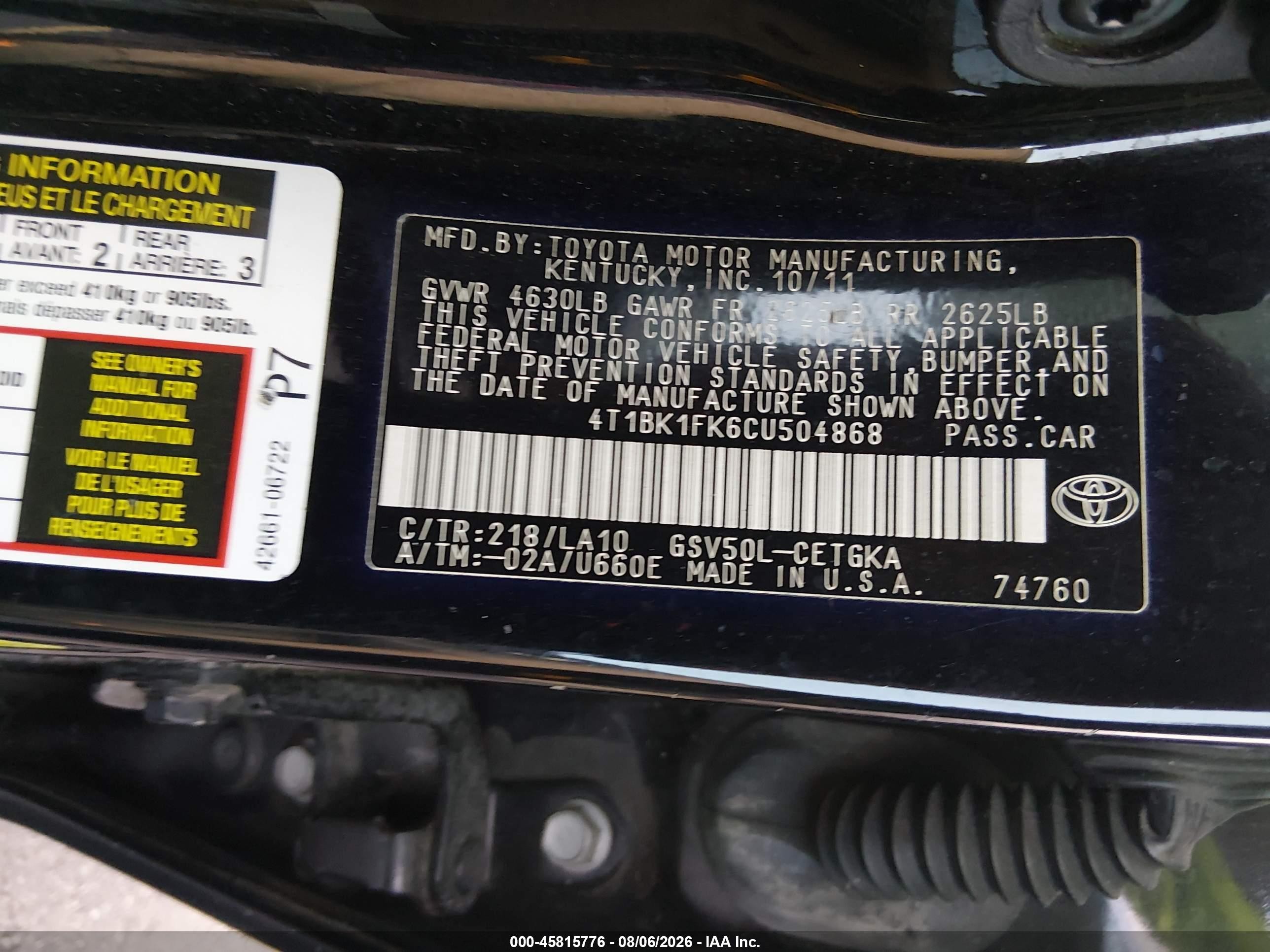 2012 Toyota Camry Xle V6 Black vin: 4T1BK1FK6CU504868
