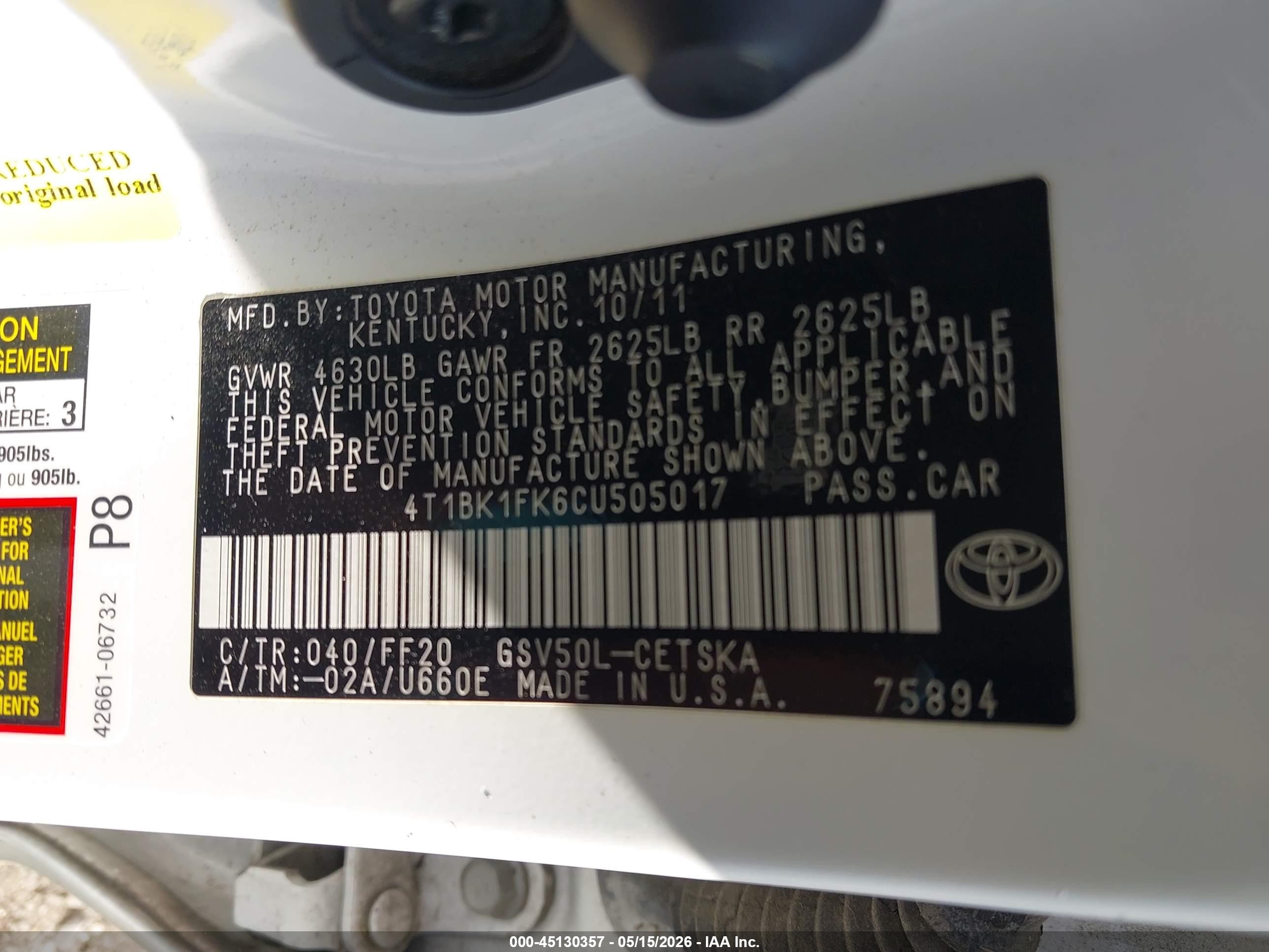 2012 Toyota Camry Se V6 White vin: 4T1BK1FK6CU505017